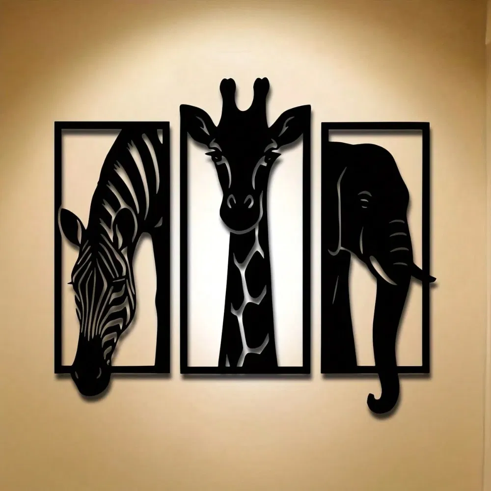 CIFbuy Metal Baked Paint African Animal 3-Piece Wall Art Set Zebra Giraffe Eleph