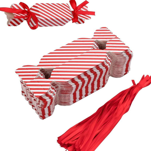 Candy packaging bag-red and white stripe candy box +2 ribbons-50 pieces/set