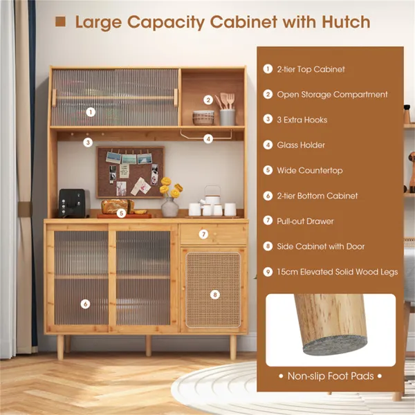 69-Inch Bamboo Kitchen Cabinet With Tempered Glass Doors, Extra Storage Space & Anti-Tilting Design
