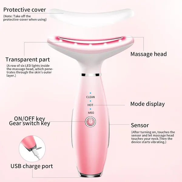 Neck Face Massager, Skin Care Face Massage Tool, 3-in-1 Facial Massager, Face Sculpting Tool With Thermals, Vibration-Pink