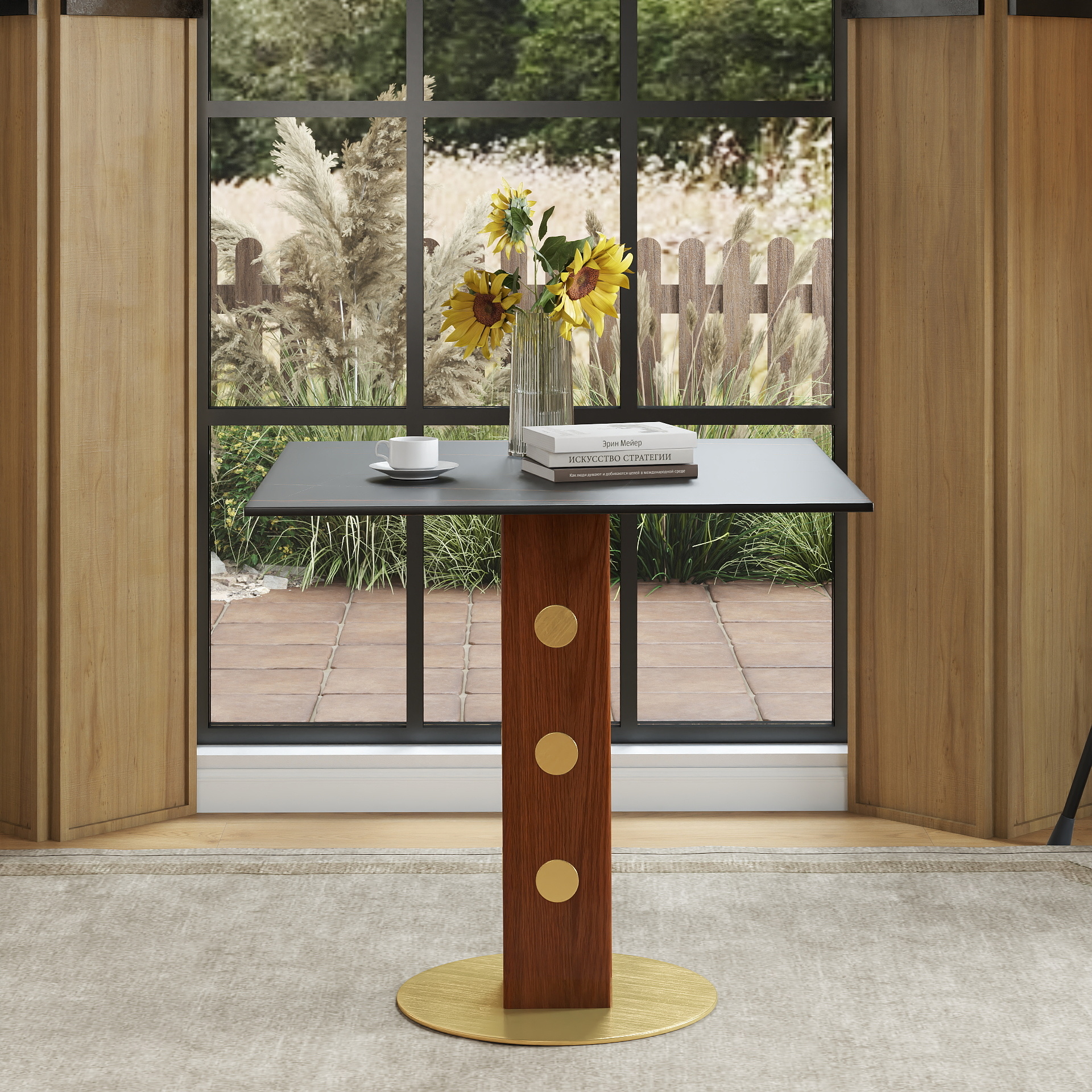 Modern Square Dining Table, 33.5  Sintered Stone Table With Wooden Leg & Gold Base, 2 - Person Kitchen Table For Small Space, 150lbs Weight Capacity Only The Negotiation Table