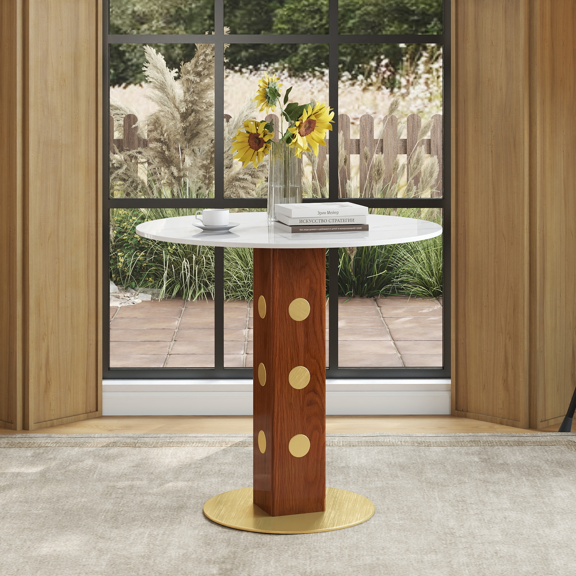 Modern Round Dining Table, 33.5  Sintered Stone Table With Wooden Leg & Gold Base, 2 - Person Kitchen Table For Small Space, 150lbs Weight Capacity Only The Negotiation Table