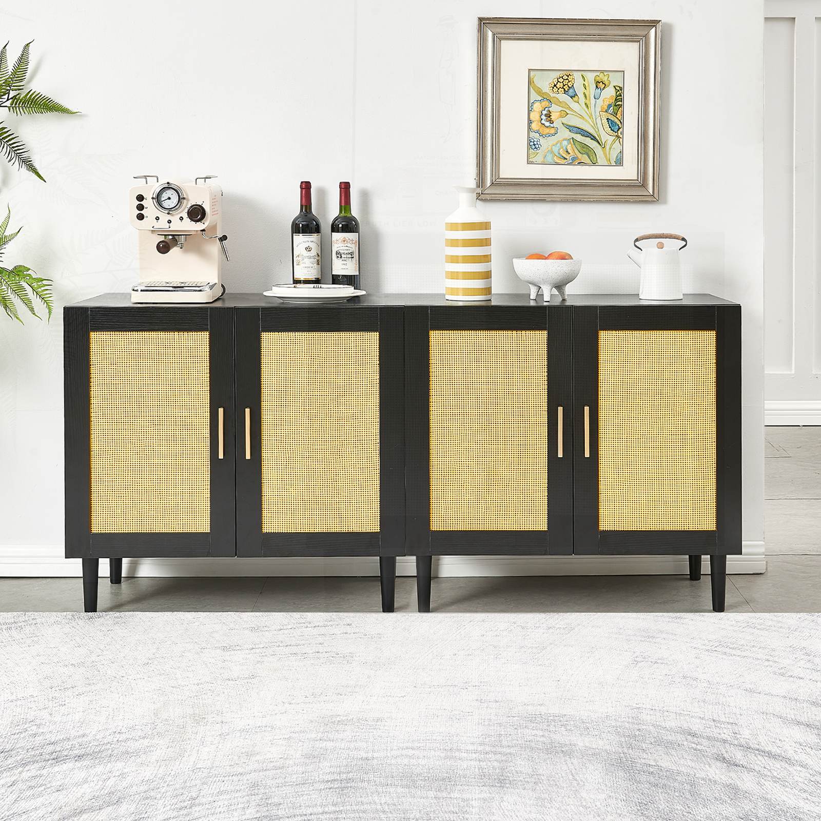 Side Panel Buffet Cabinet With Natural Rattan Door, Rattan Storage Cabinet With Adjustable Shelves, Side Panel And Buffet With Storage Space, Modern Console Cabinet In Bedroom And Living Room