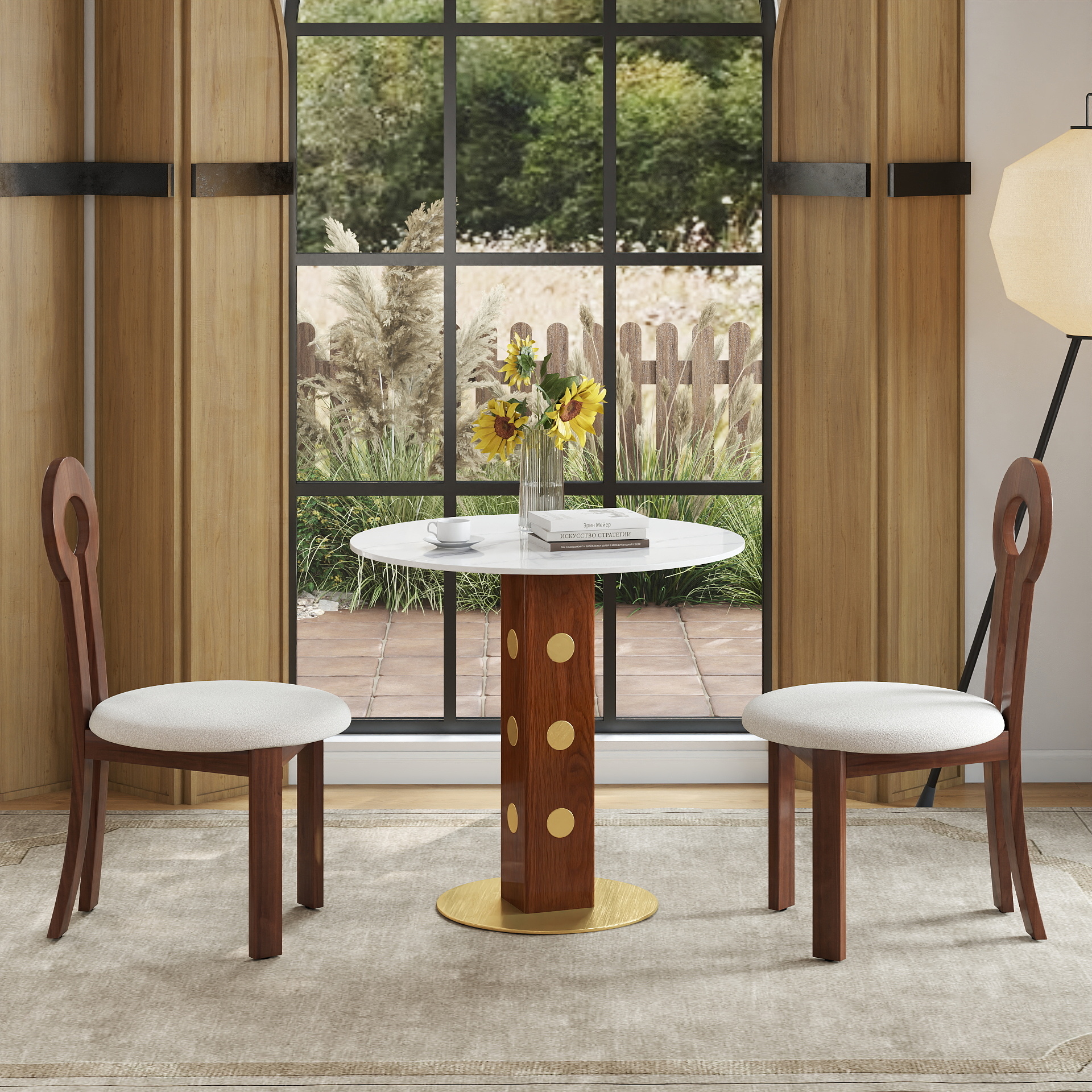 Modern Round Dining Table, 33.5  Sintered Stone Table With Wooden Leg & Gold Base, 2 - Person Kitchen Table For Small Space, 150lbs Weight Capacity Only The Negotiation Table