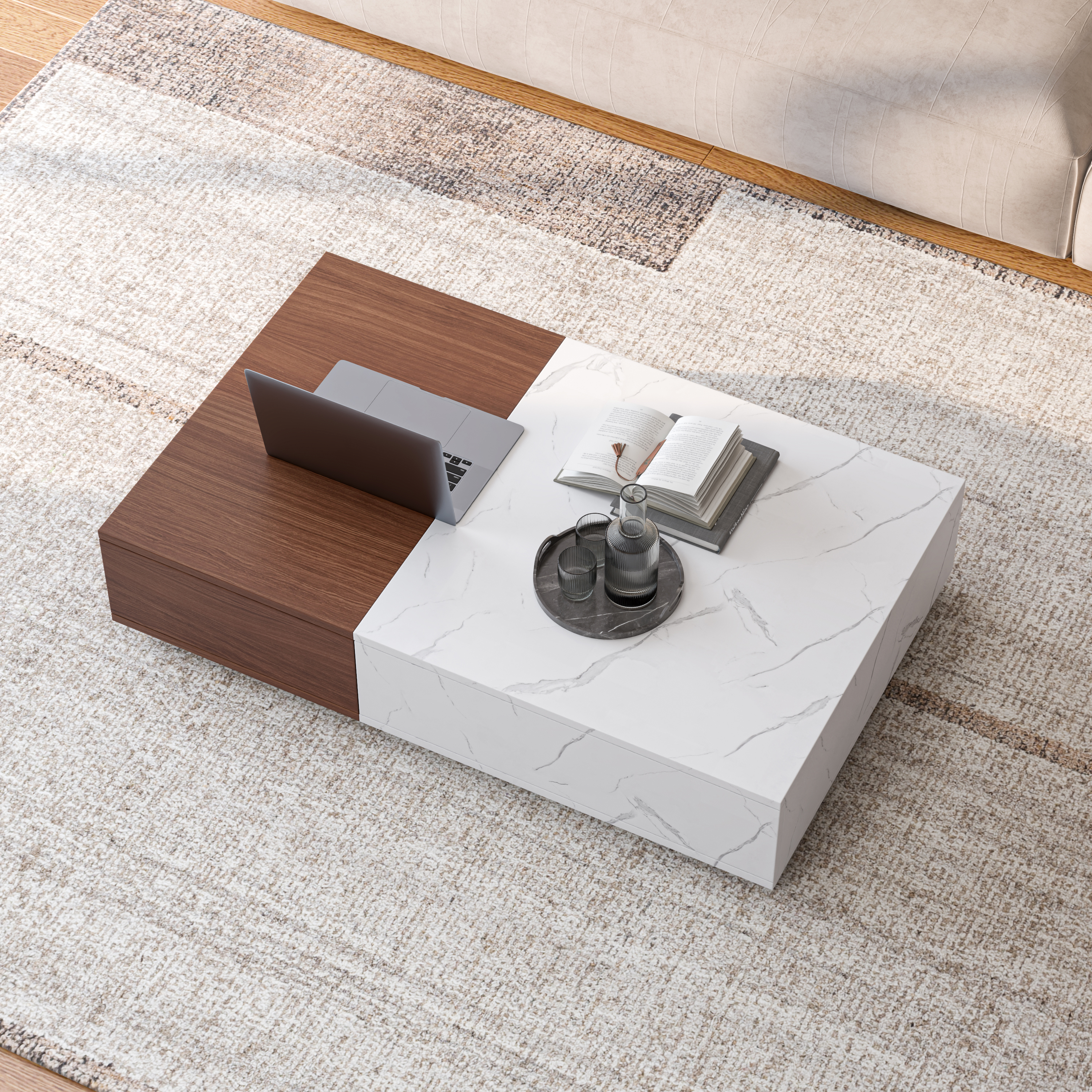 Modern Style Walnut Coffee Table With Two Storage Spaces