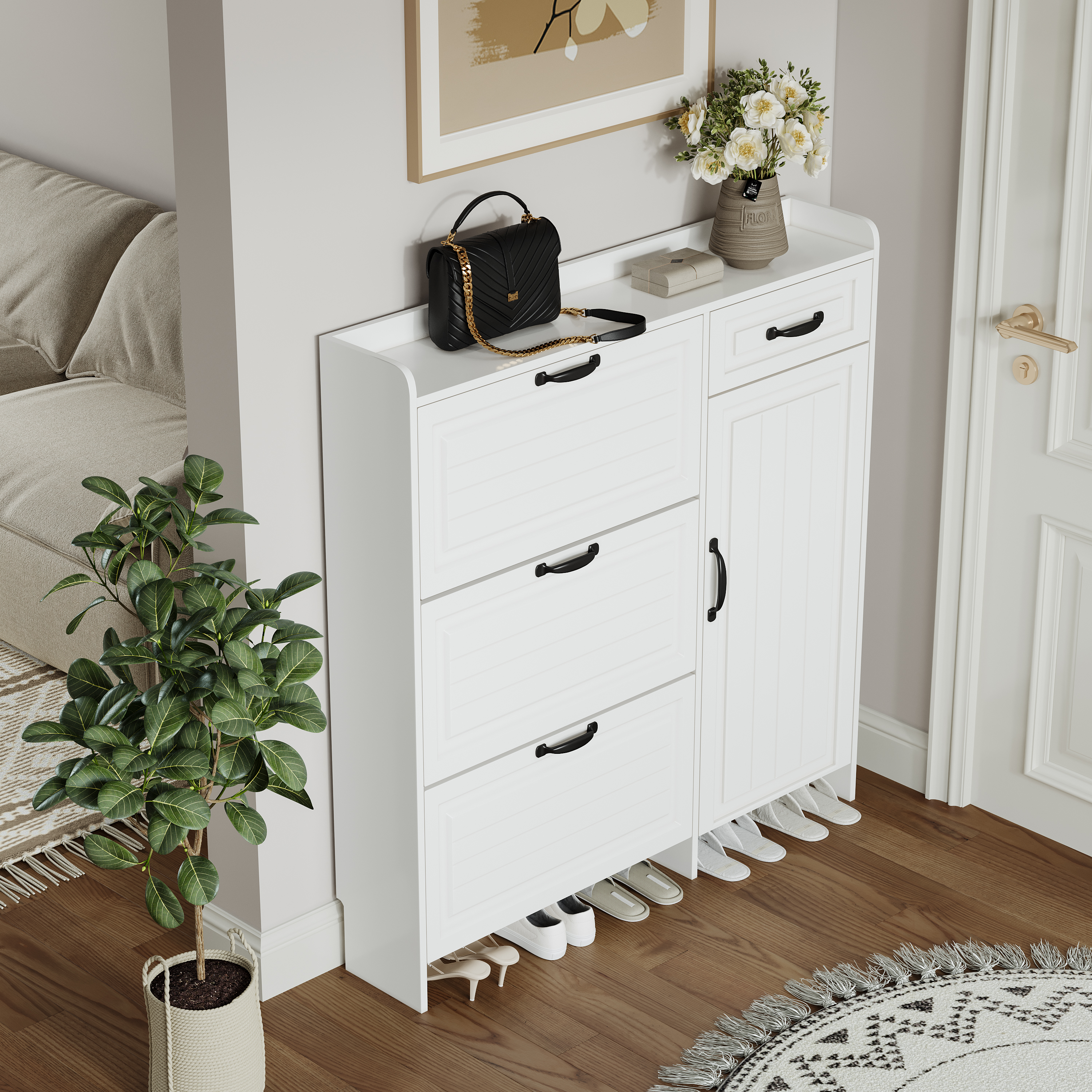 White Color Shoe Cabinet  With 4 Doors 1 Drawers,large Space For Storage