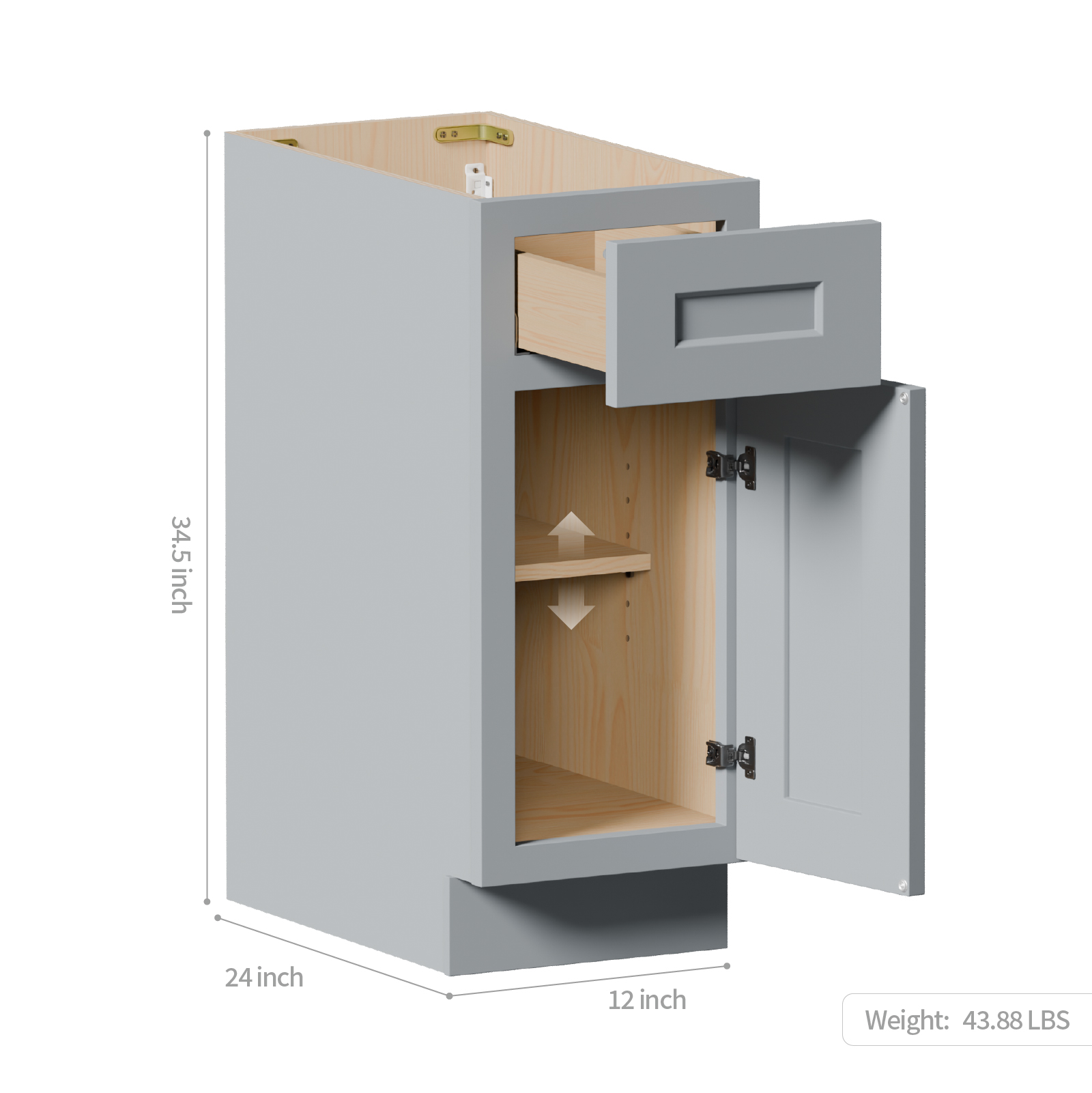 15  Gray Shaker Base Cabinet With Soft-Close Door,Drawer,Space-Saving Solid Wood Unit With Adjustable Shelf For Kitchen, Bath, Laundry, Garage  15 W X 24 D X 34.5 H