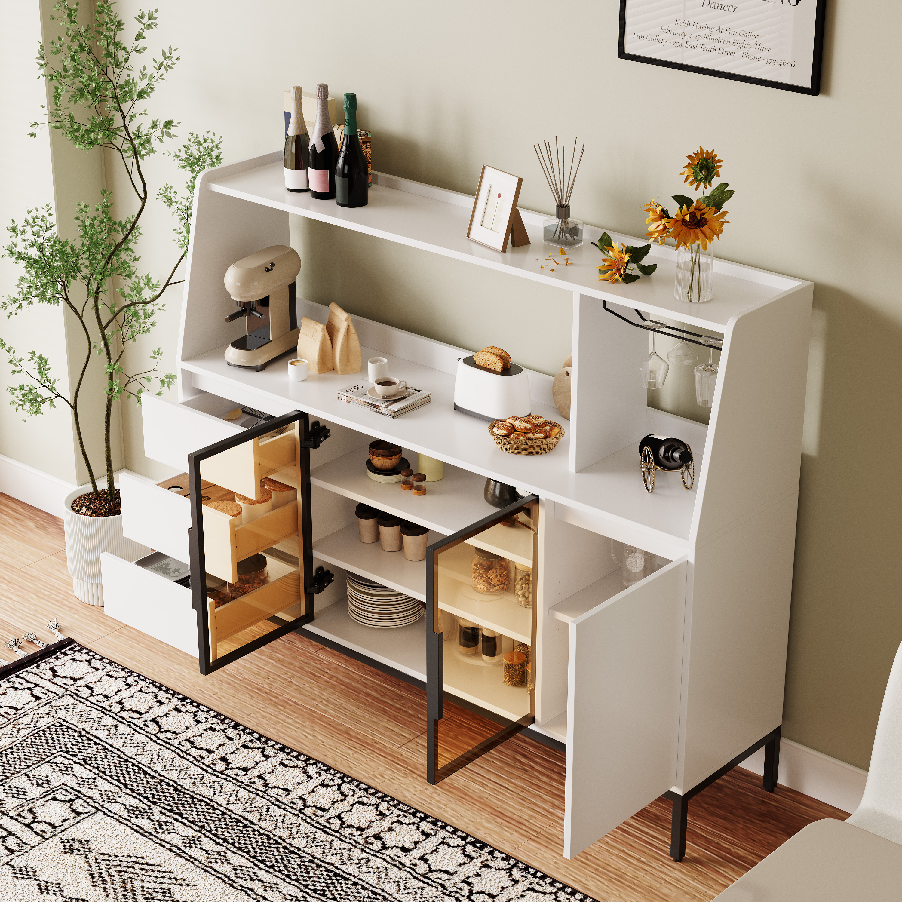 Modern Sideboard With 3 Drawers And Glass Door Locker, Side Cabinet Can Store Wine Glasses