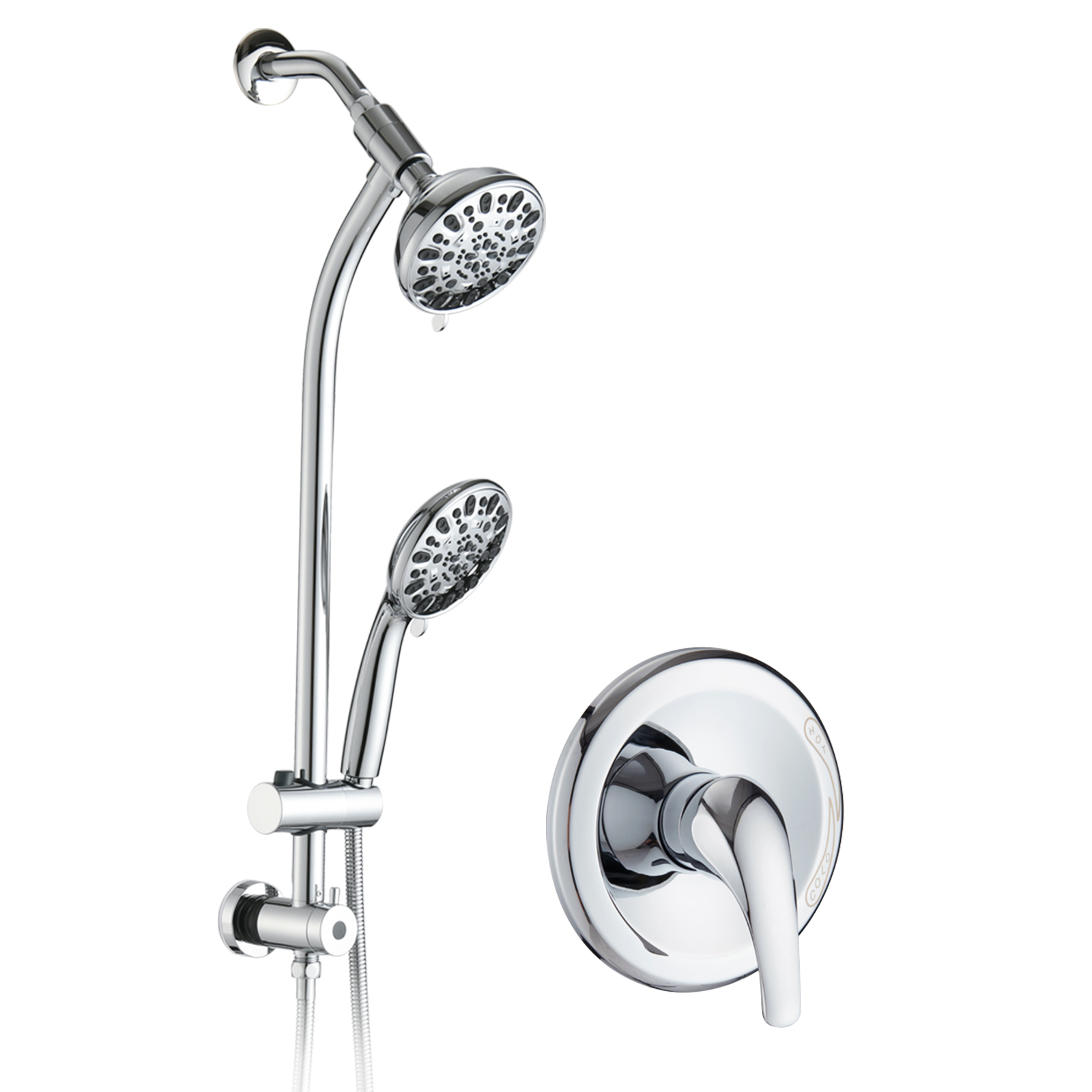 Drill-Free Stainless Steel Slide Bar Combo Rain Showerhead 7-Setting Hand, Dual Shower Head Spa System  Rough-in Valve Included