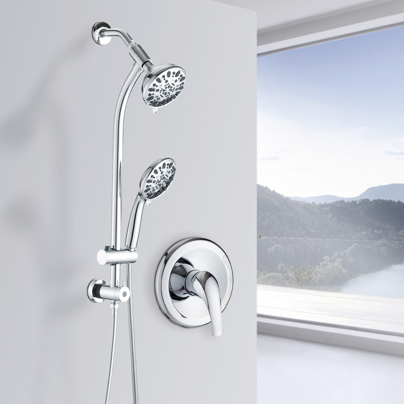 Drill-Free Stainless Steel Slide Bar Combo Rain Showerhead 7-Setting Hand, Dual Shower Head Spa System  Rough-in Valve Included