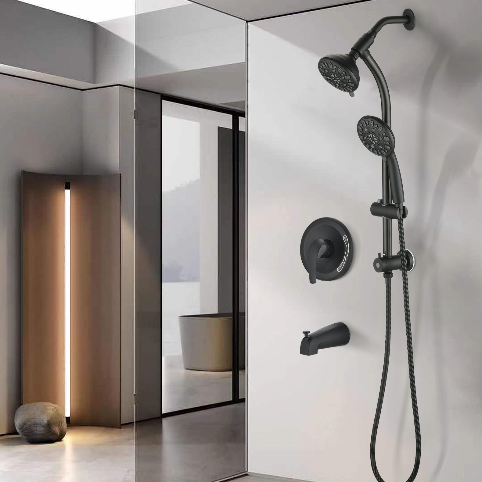 Drill-Free Stainless Steel Slide Bar Combo Rain Showerhead 7-Setting Hand, Dual Shower Head Spa System With Tup Spout  Rough-in Valve Included