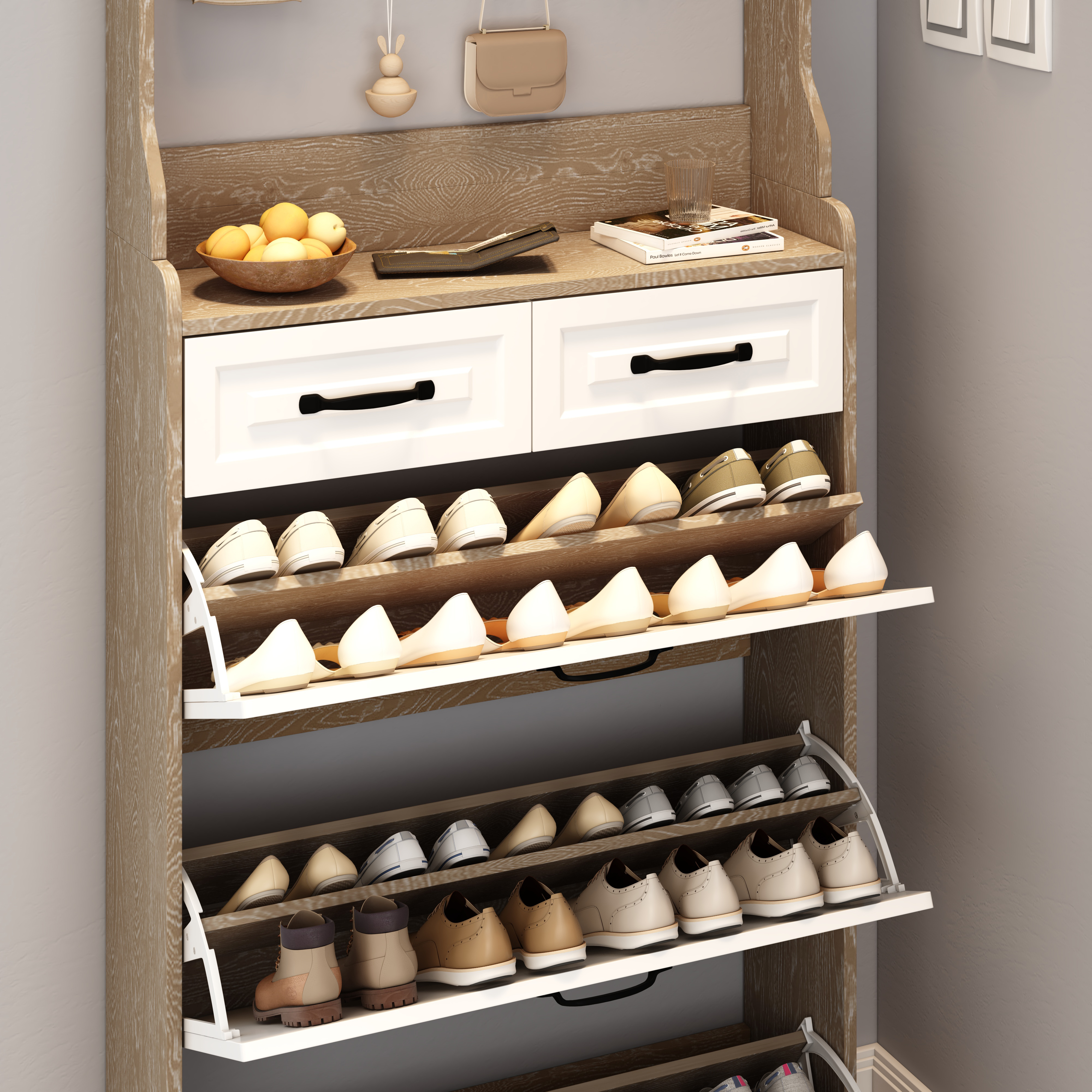 NEW OAK Color Shoe Cabinet  With 3 Doors 2 Drawers With Hanger,large Space For Storage