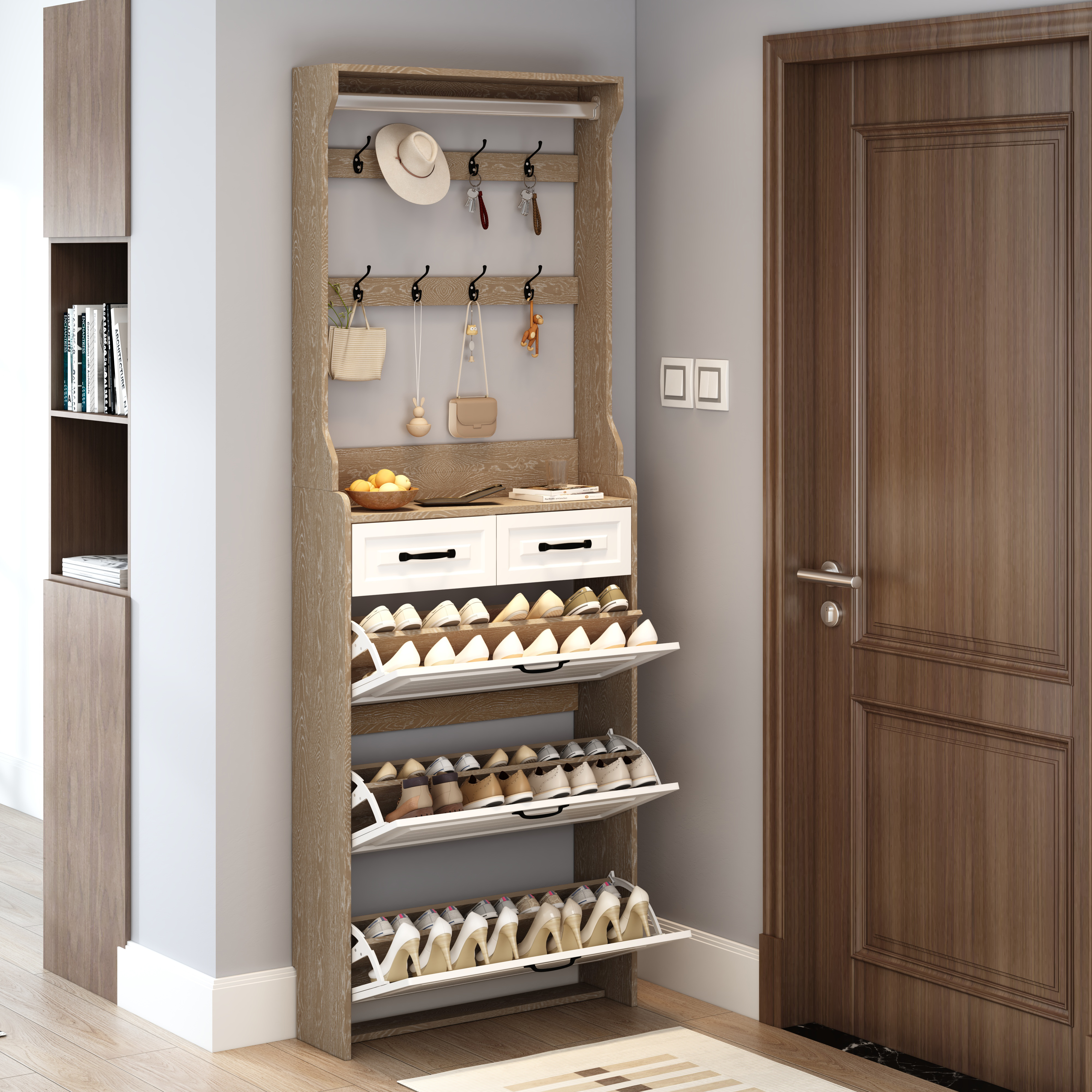 NEW OAK Color Shoe Cabinet  With 3 Doors 2 Drawers With Hanger,large Space For Storage