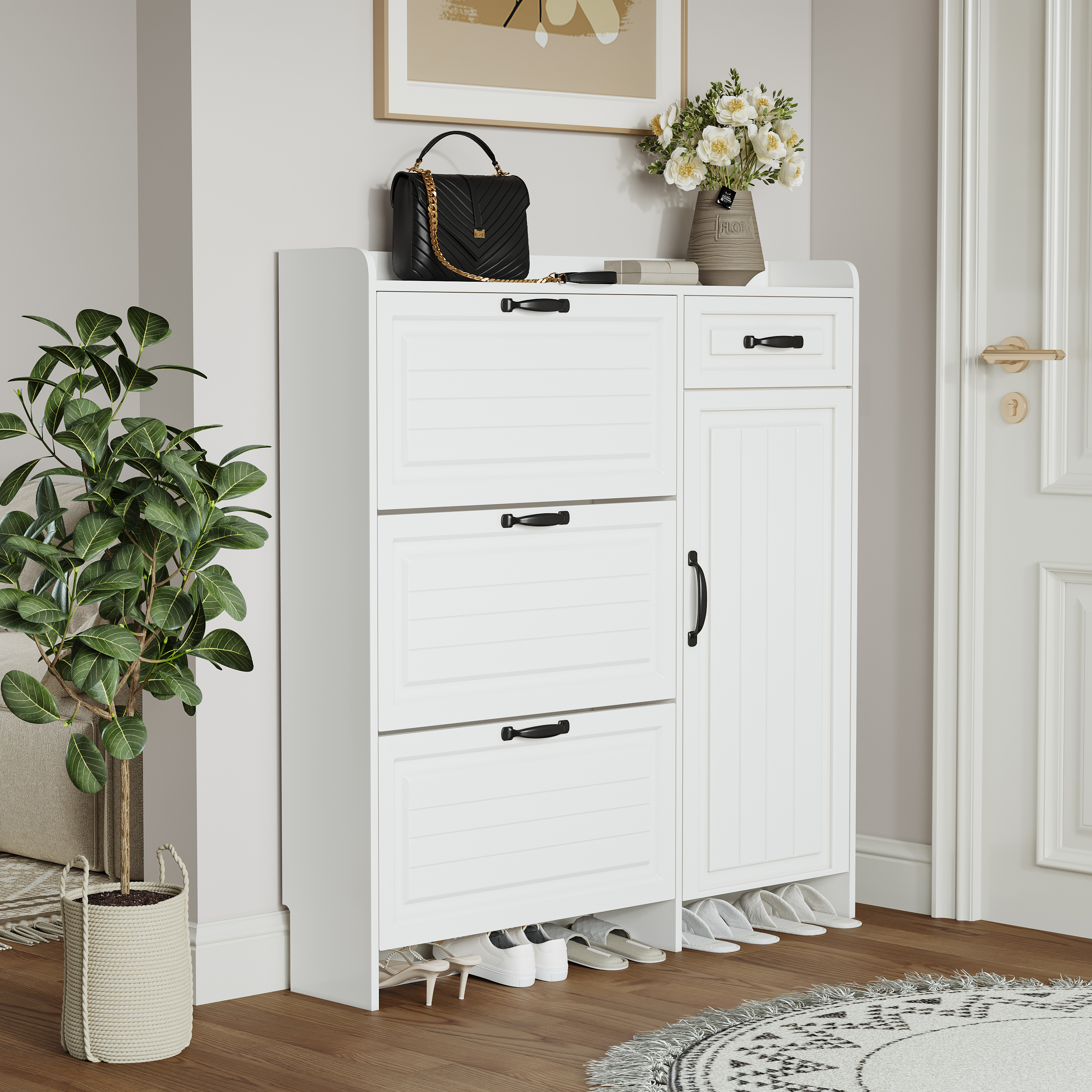 White Color Shoe Cabinet  With 4 Doors 1 Drawers,large Space For Storage