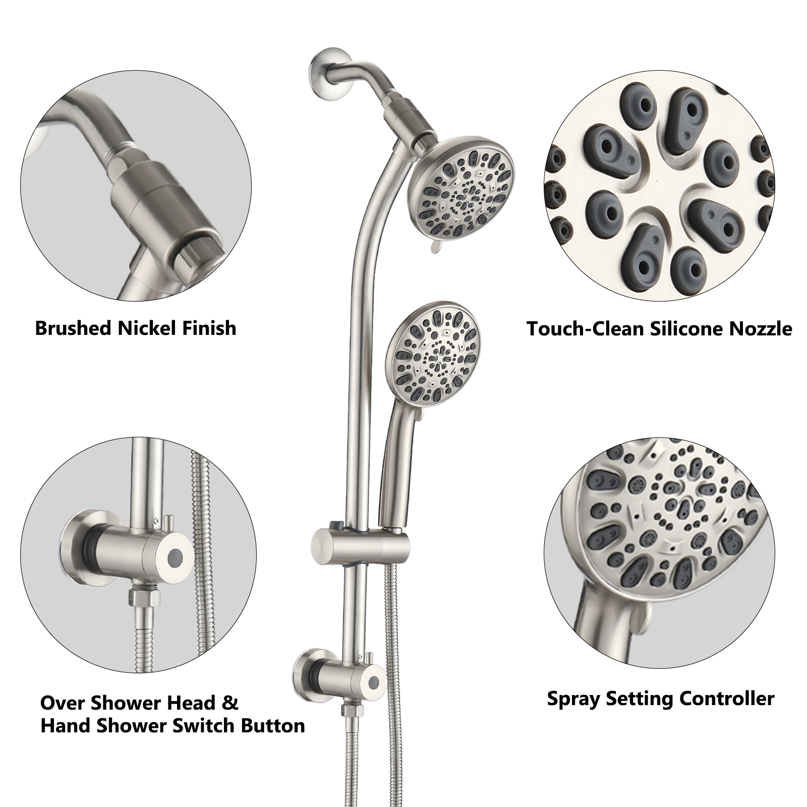 Drill-Free Stainless Steel Slide Bar Combo Rain Showerhead 7-Setting Hand, Dual Shower Head Spa System  Rough-in Valve Included