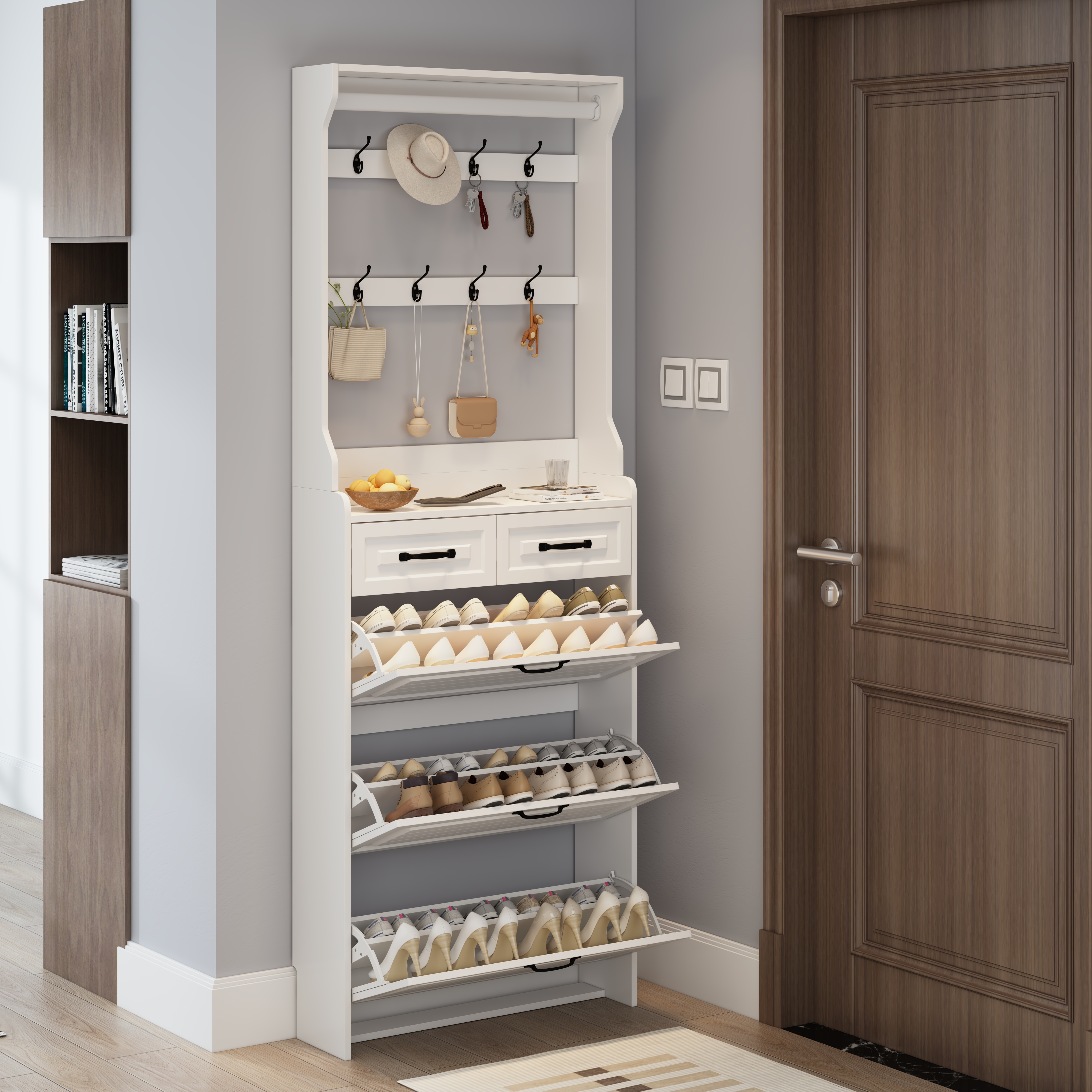 NEW White Color Shoe Cabinet  With 3 Doors 2 Drawers With Hanger,large Space For Storage