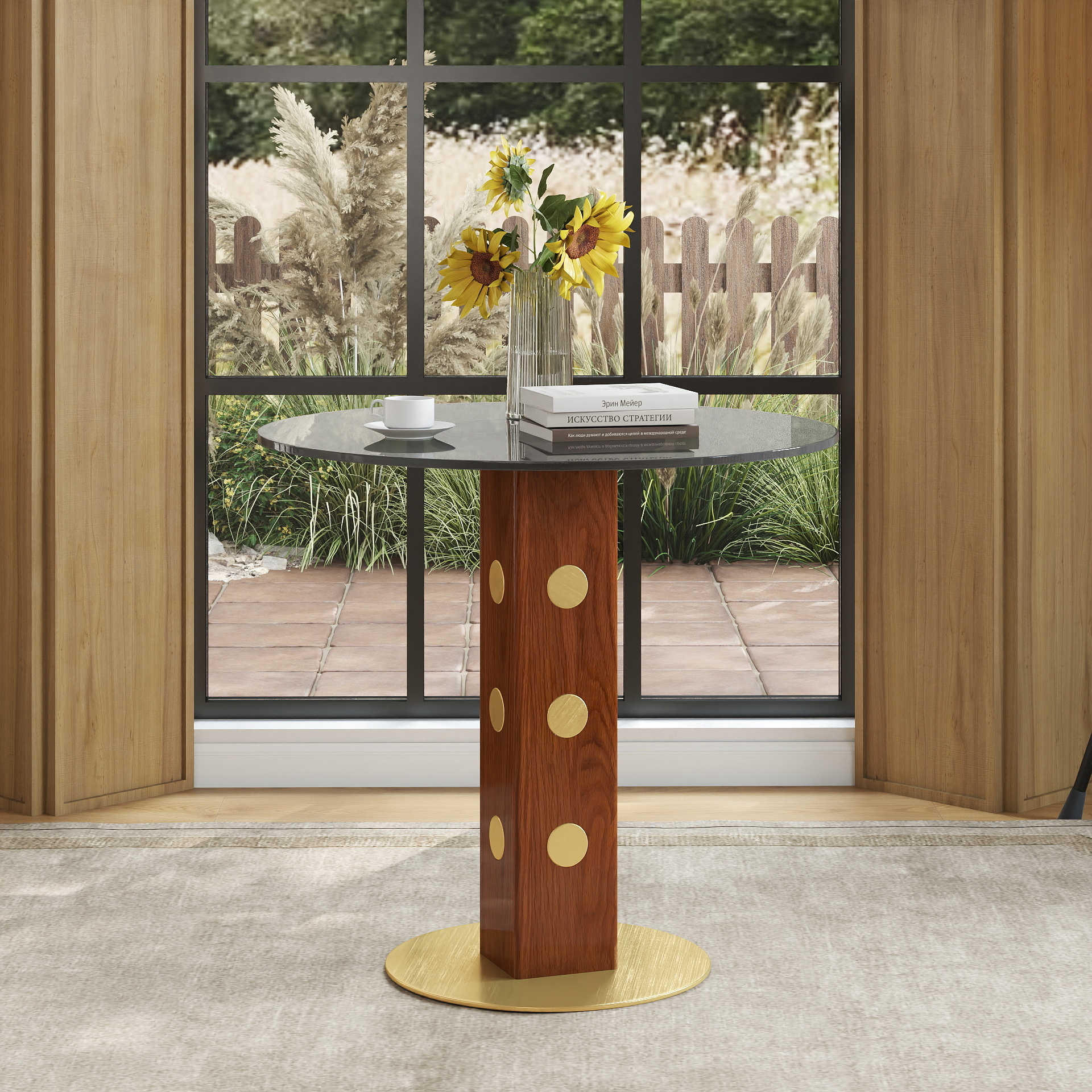 Modern Round Dining Table, 33.5  Tempered Glass Table With Wooden Leg & Gold Base, 2 - Person Kitchen Table For Small Space, 150lbs Weight Capacity Only The Negotiation Table