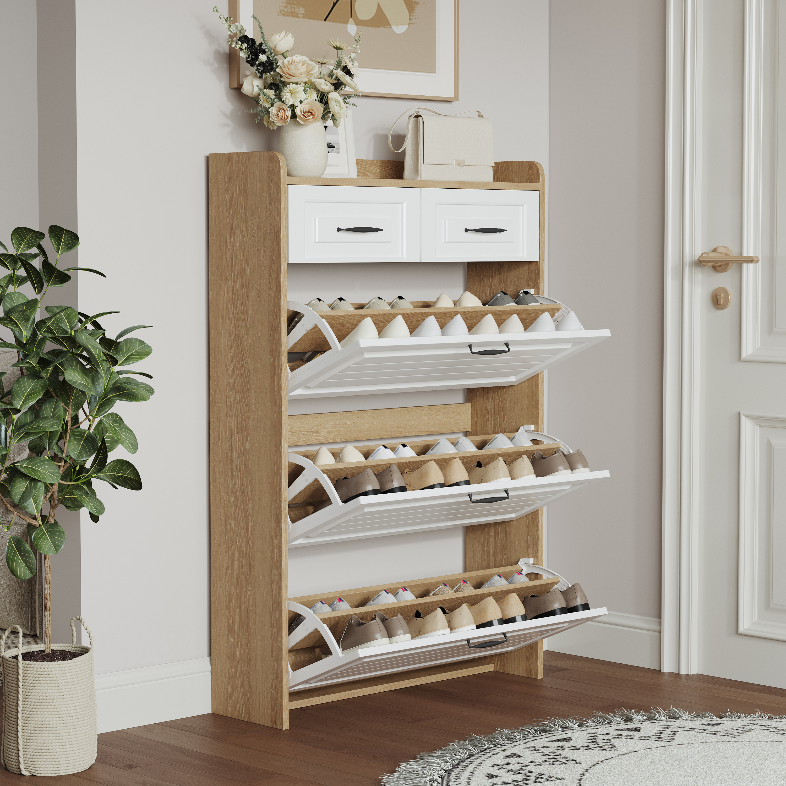 1250 White  Oak Color Shoe Cabinet  With 3 Doors 2 Drawers,large Space For Storage
