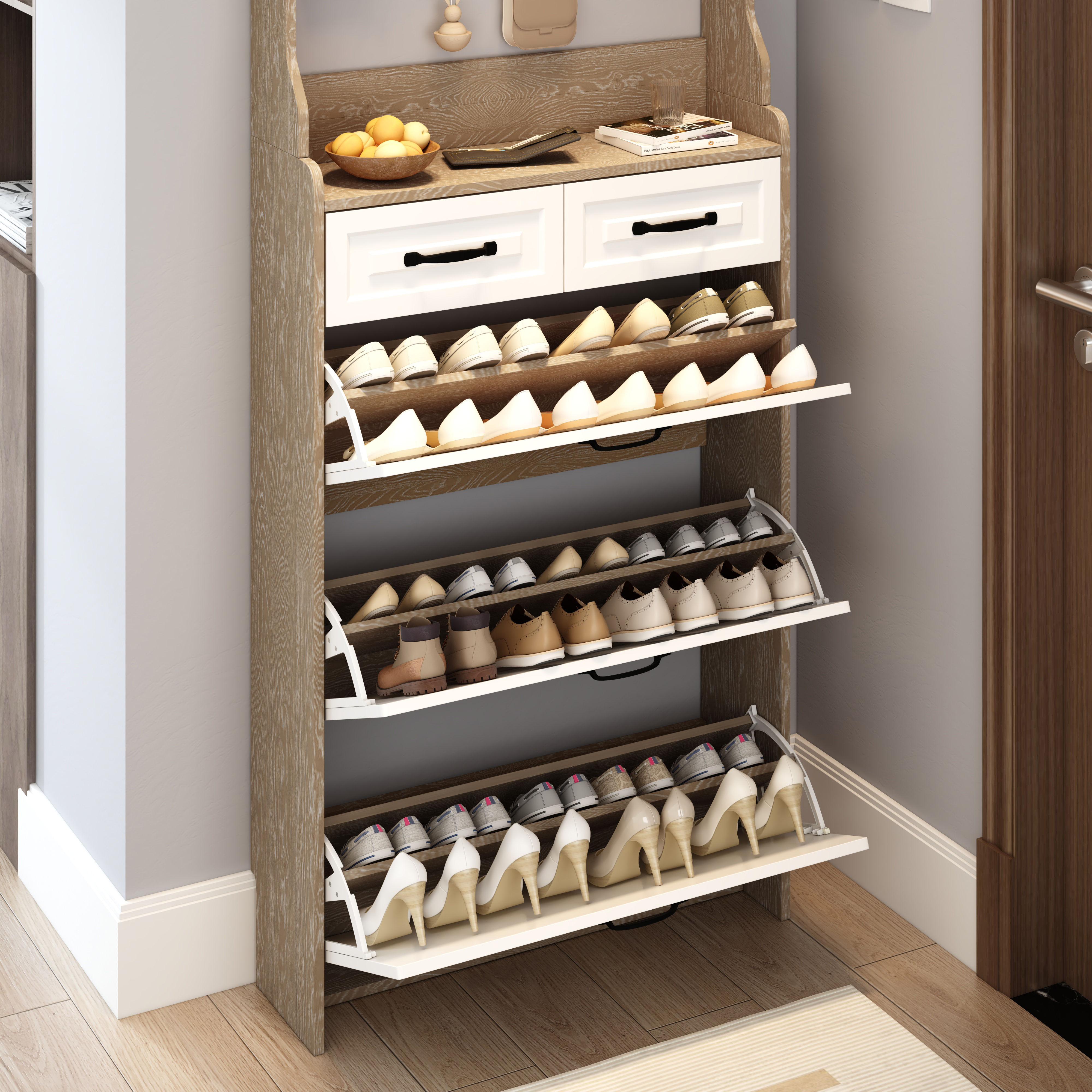 NEW OAK Color Shoe Cabinet  With 3 Doors 2 Drawers With Hanger,large Space For Storage