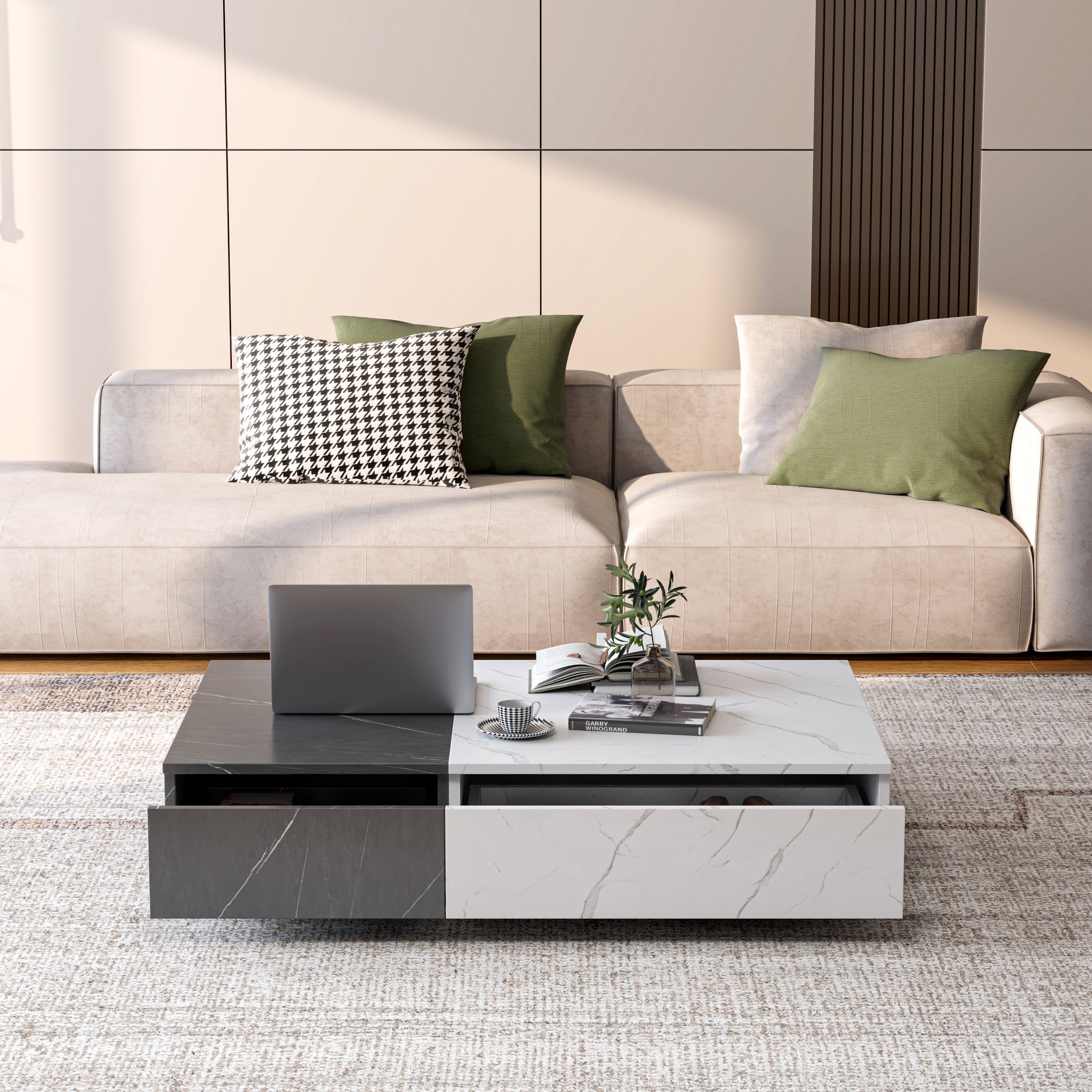 Modern Style Black And White Coffee Table With Two Storage Spaces