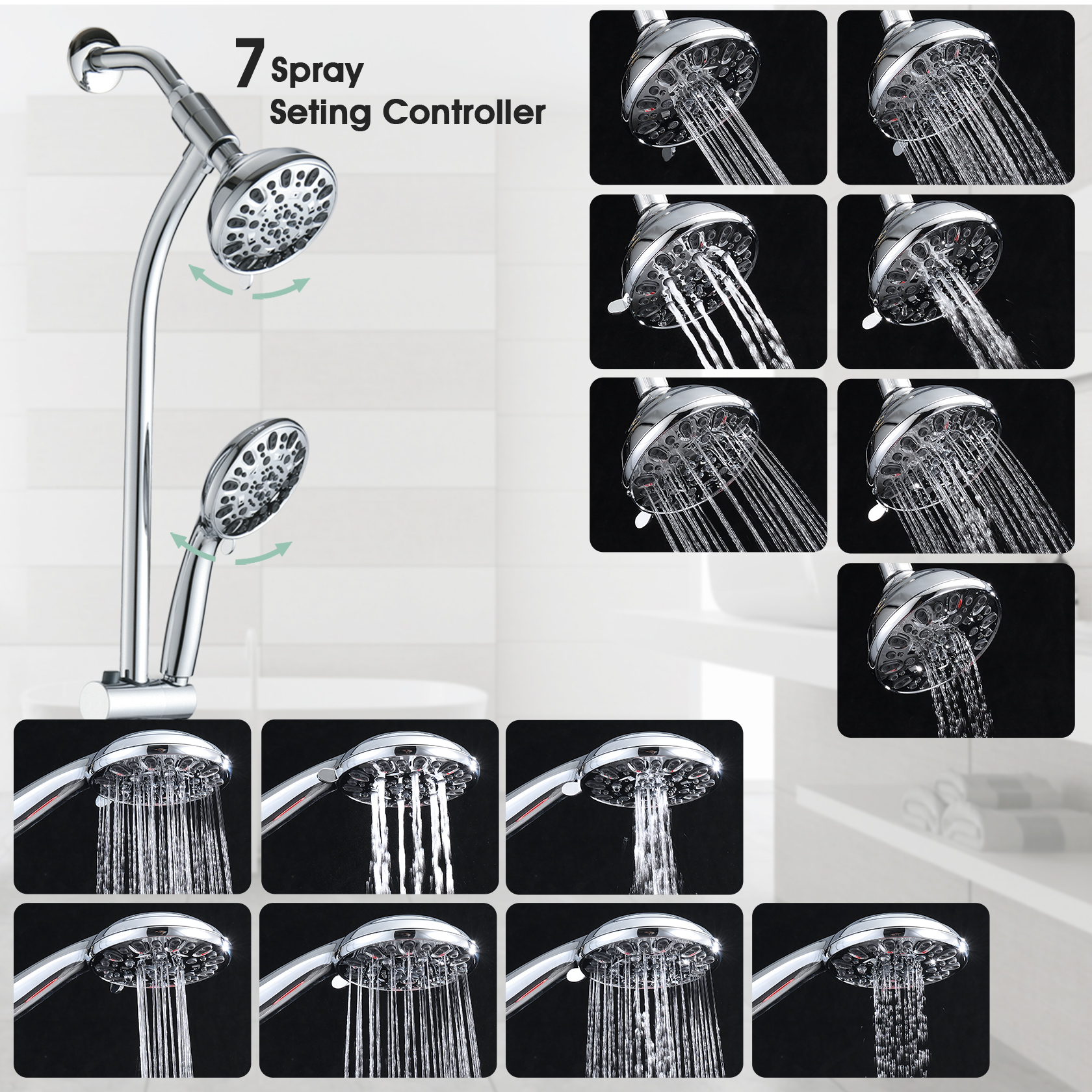 Drill-Free Stainless Steel Slide Bar Combo Rain Showerhead 7-Setting Hand, Dual Shower Head Spa System  Rough-in Valve Included