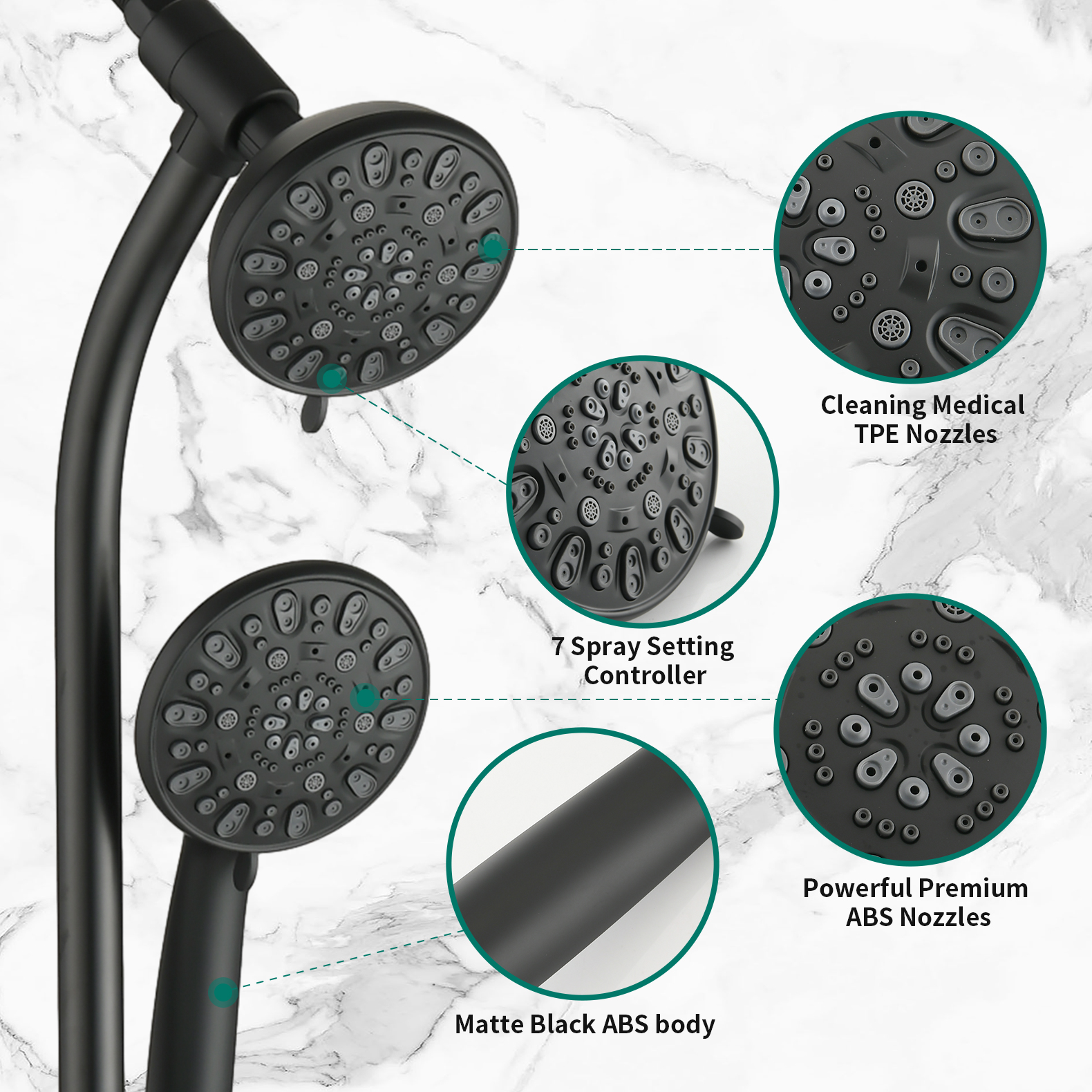 Drill-Free Stainless Steel Slide Bar Combo Rain Showerhead 7-Setting Hand, Dual Shower Head Spa System With Tup Spout  Rough-in Valve Included