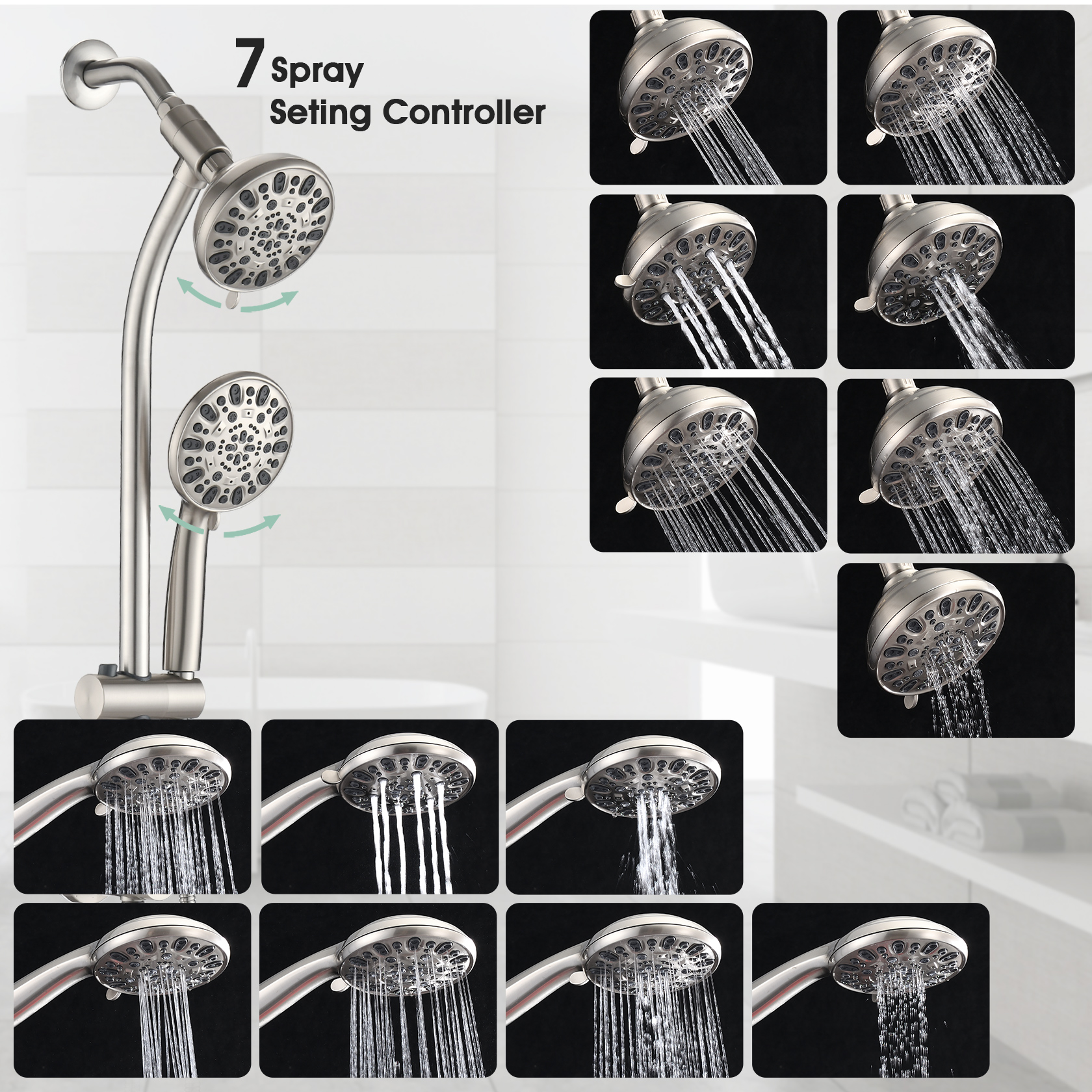 Drill-Free Stainless Steel Slide Bar Combo Rain Showerhead 7-Setting Hand, Dual Shower Head Spa System  Rough-in Valve Included