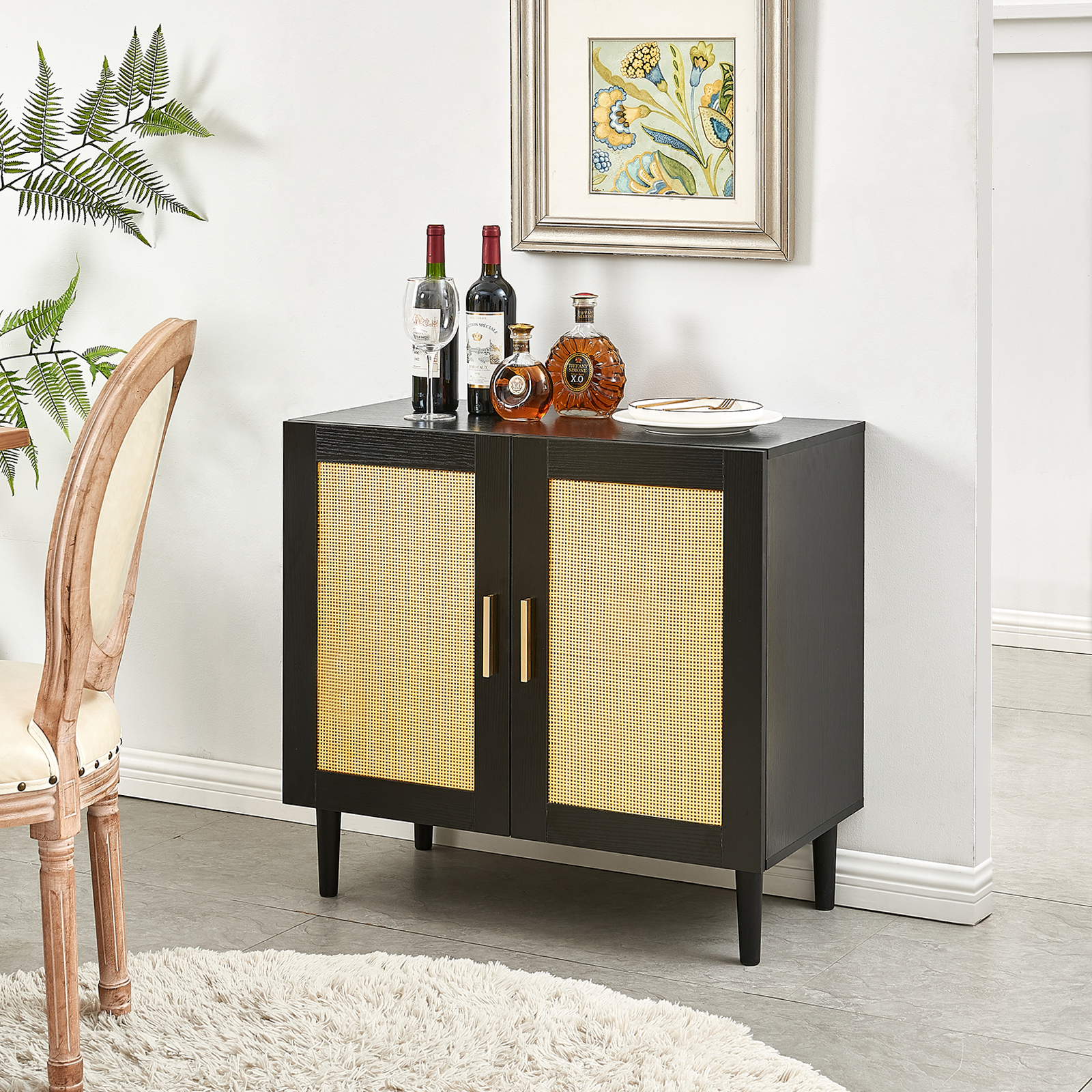 Side Panel Buffet Cabinet With Natural Rattan Door, Rattan Storage Cabinet With Adjustable Shelves, Side Panel And Buffet With Storage Space, Modern Console Cabinet In Bedroom And Living Room