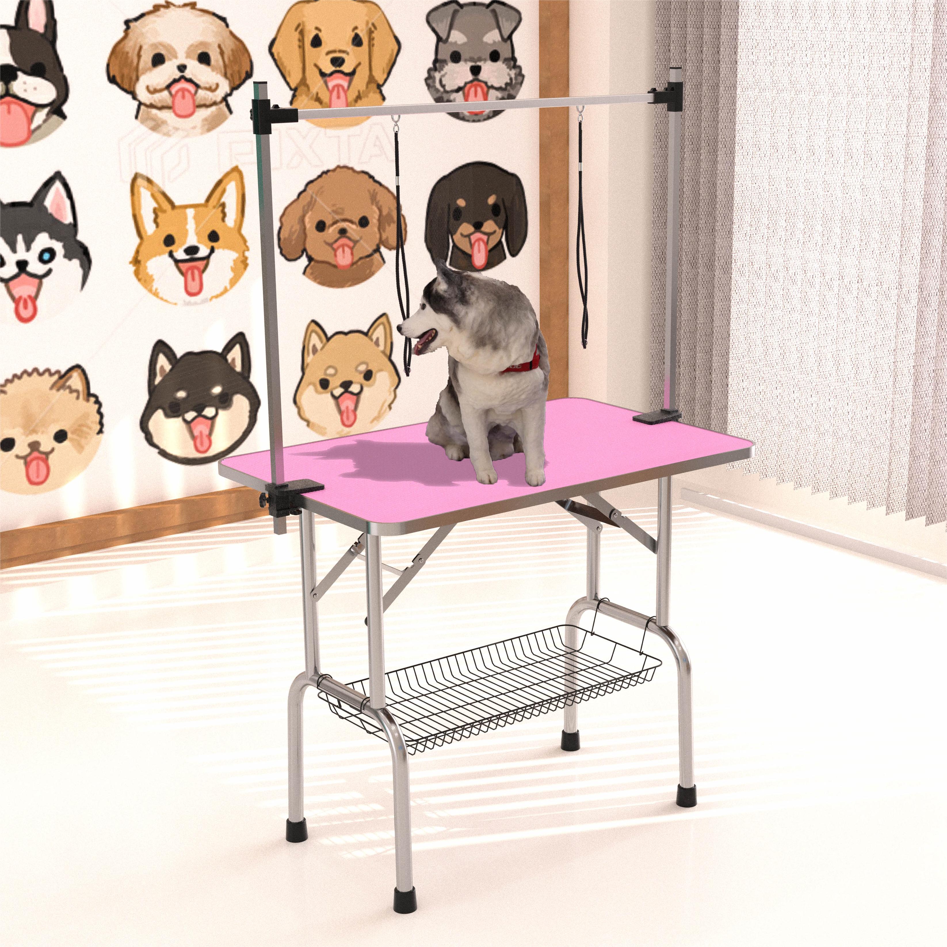 46 Folding Dog Pet Grooming Table Stainless Steel Frame Rubber Mat On Board With Adjustable Arm And Clamps Pet Dog Cat Grooming Table PINK COLOR — image 1