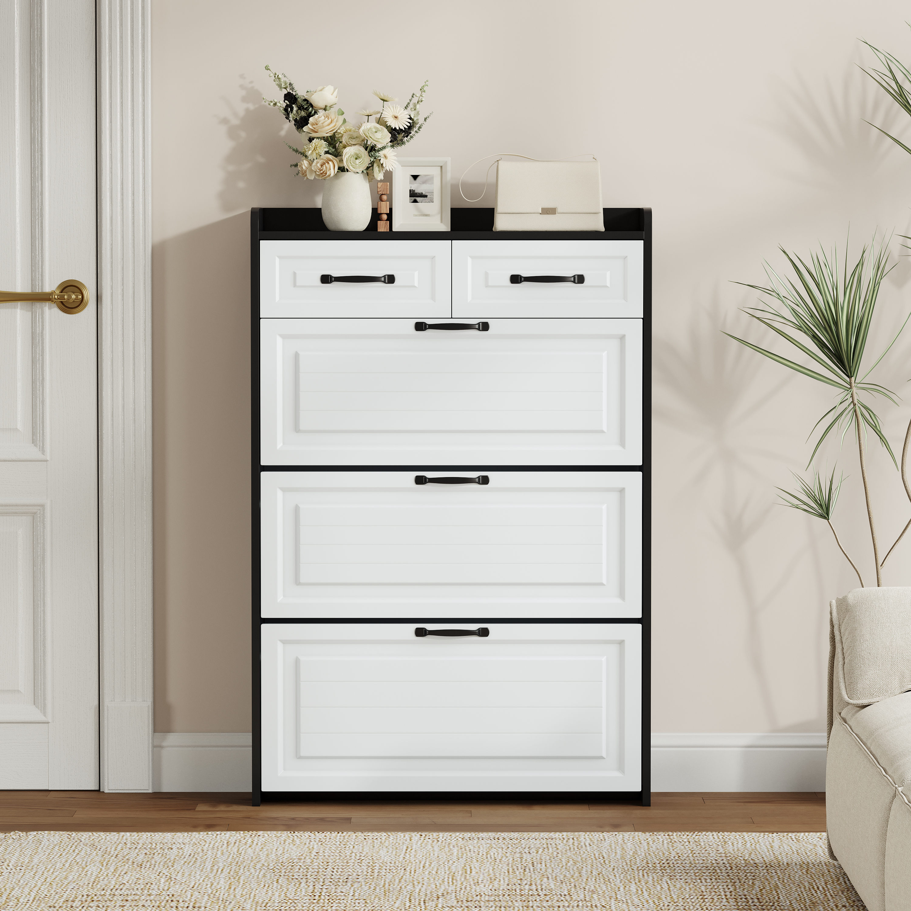 1250 Black Color Shoe Cabinet With 3 Doors 2 Drawers,PVC Door With Shape ,large Space For Storage