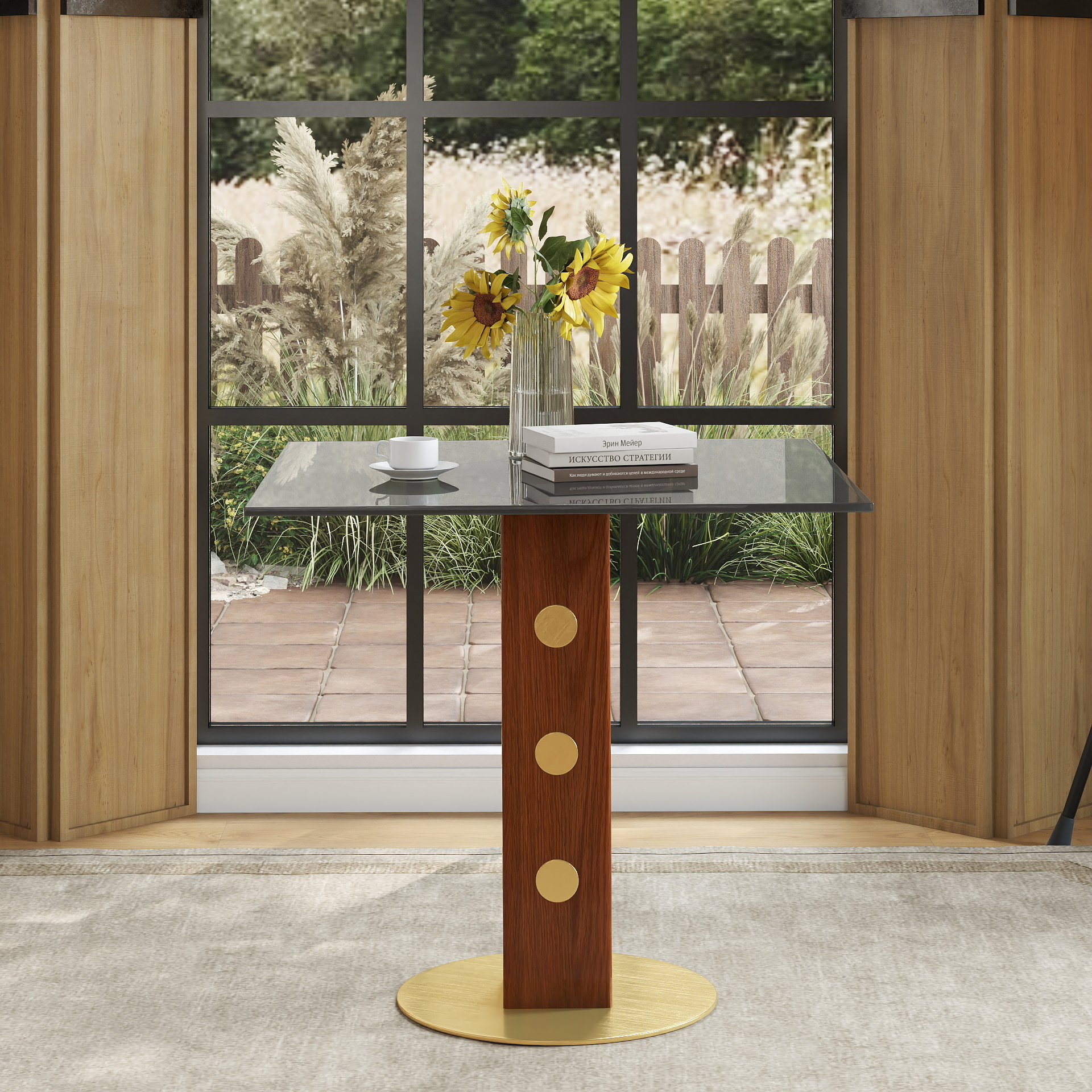 Modern Square Dining Table, 33.5  Tempered Glass Table With Wooden Leg & Gold Base, 2 - Person Kitchen Table For Small Space, 150lbs Weight Capacity Only The Negotiation Table