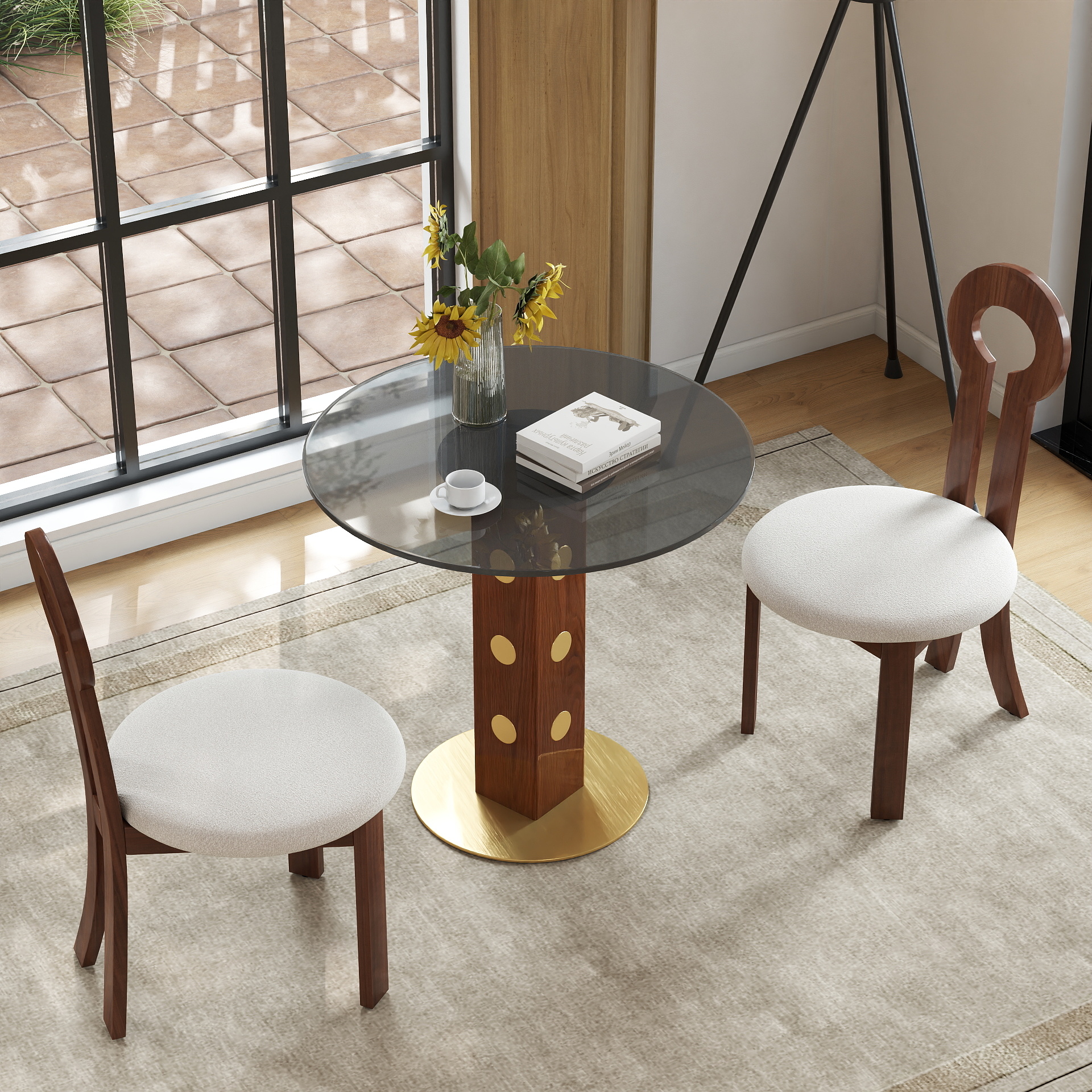 Modern Round Dining Table, 33.5  Tempered Glass Table With Wooden Leg & Gold Base, 2 - Person Kitchen Table For Small Space, 150lbs Weight Capacity Only The Negotiation Table