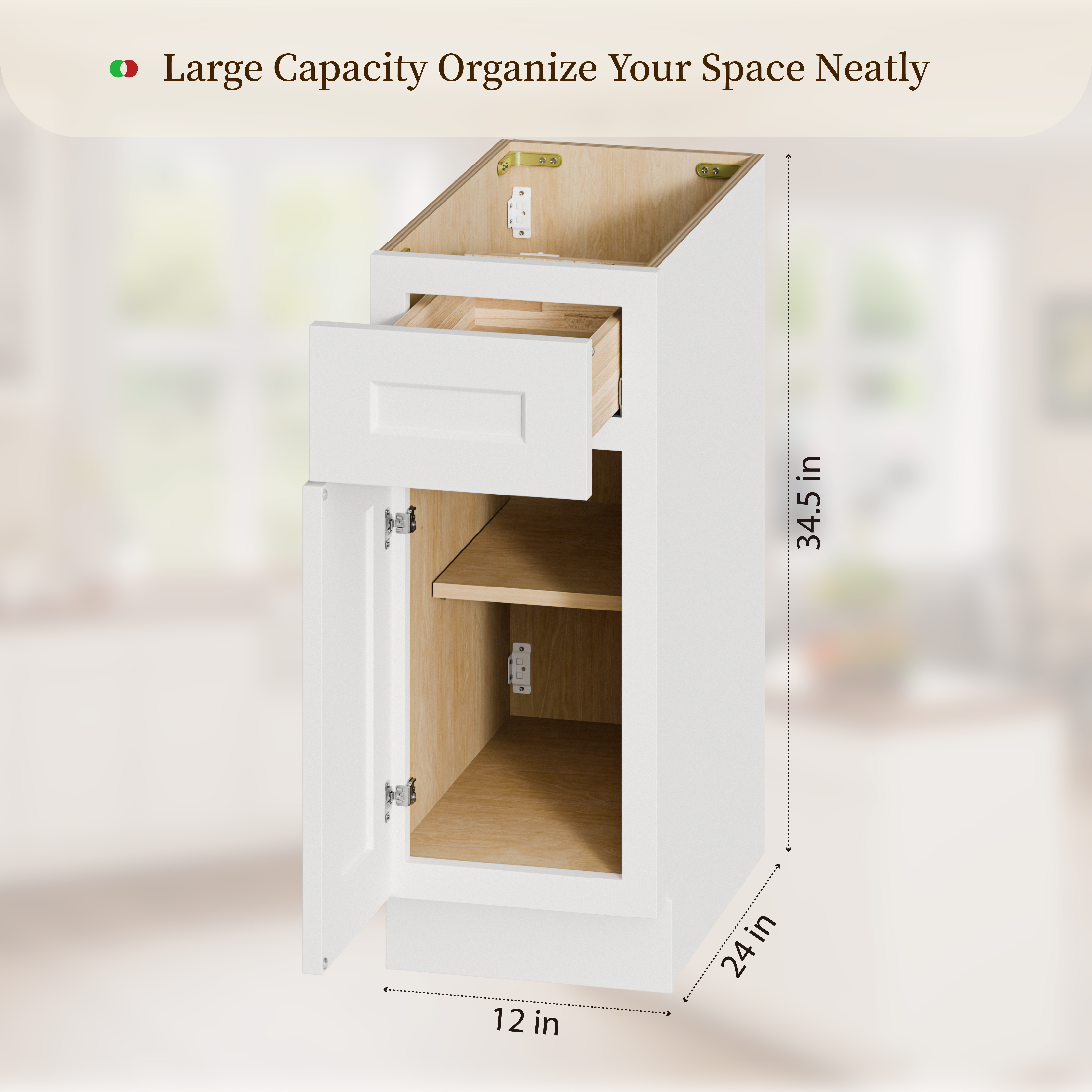12  White Shaker Base Cabinet With Soft-Close Door,Drawer,Space-Saving Solid Wood Unit With Adjustable Shelf For Kitchen, Bath, Laundry, Garage  12 W X 24 D X 34.5 H
