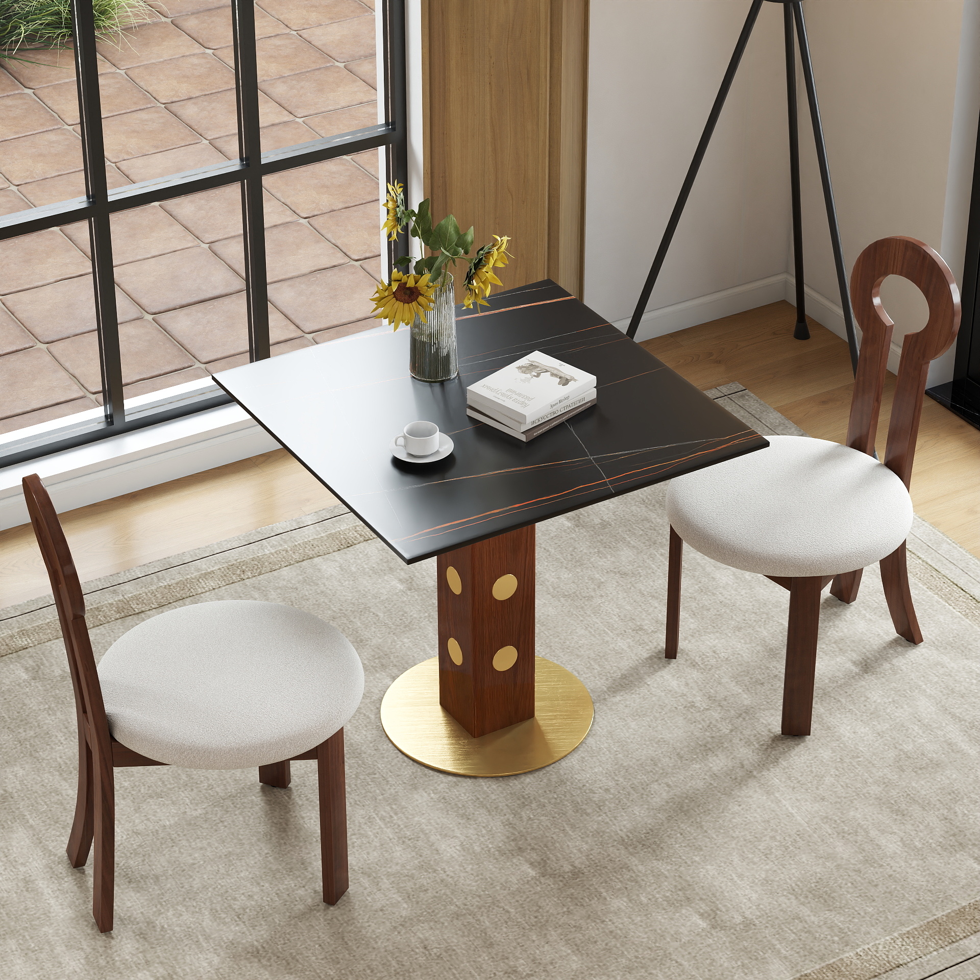 Modern Square Dining Table, 33.5  Sintered Stone Table With Wooden Leg & Gold Base, 2 - Person Kitchen Table For Small Space, 150lbs Weight Capacity Only The Negotiation Table