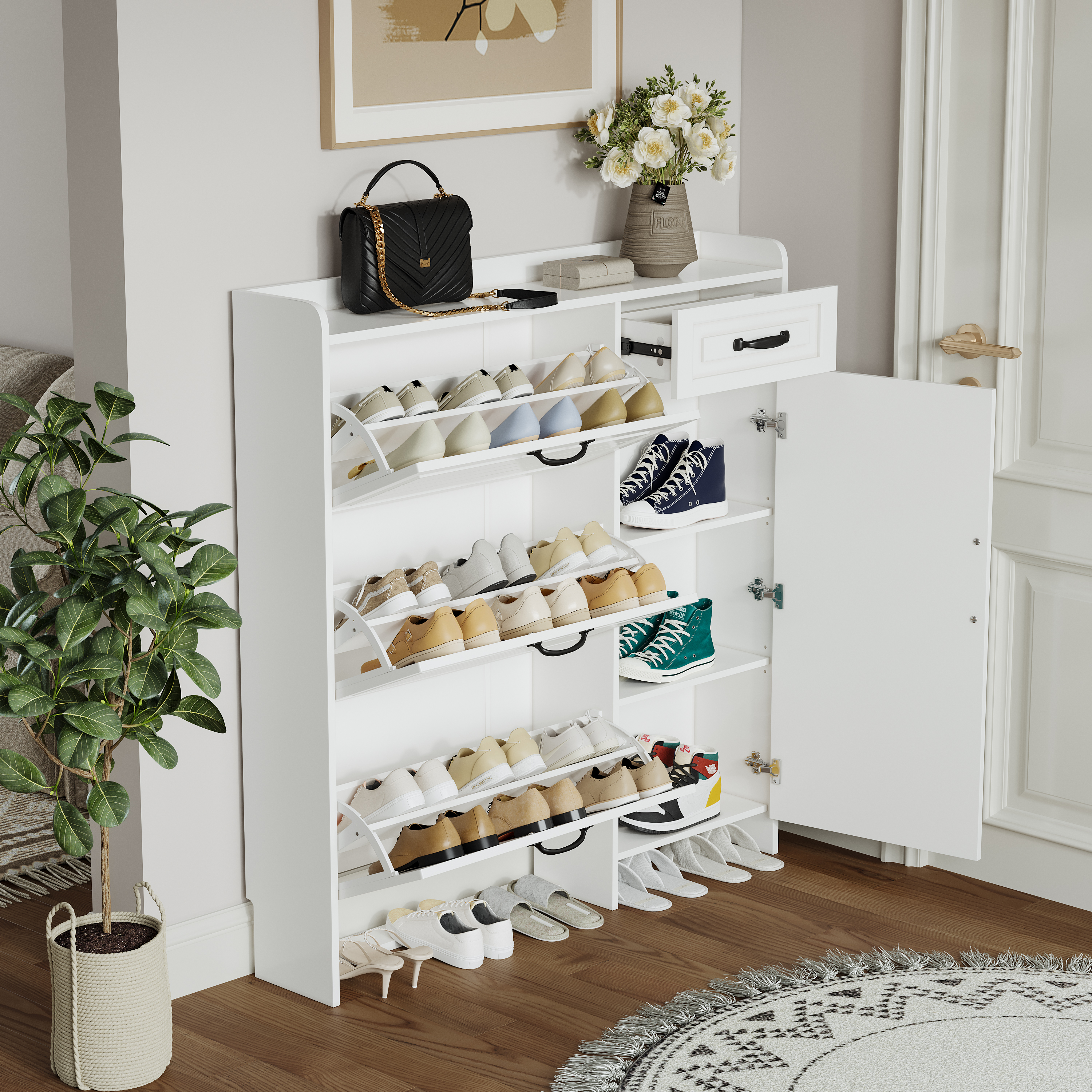 White Color Shoe Cabinet  With 4 Doors 1 Drawers,large Space For Storage