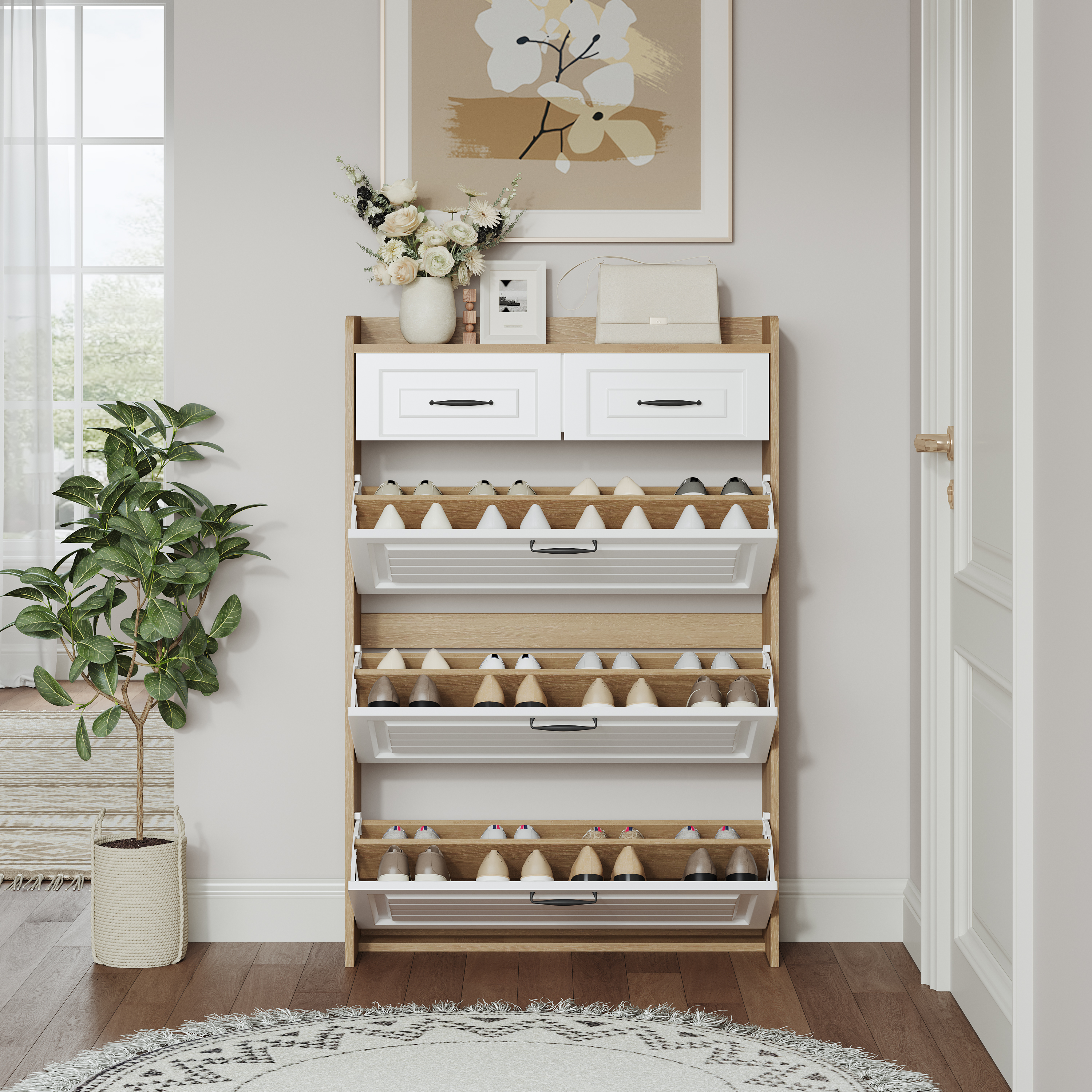 1250 White  Oak Color Shoe Cabinet  With 3 Doors 2 Drawers,large Space For Storage