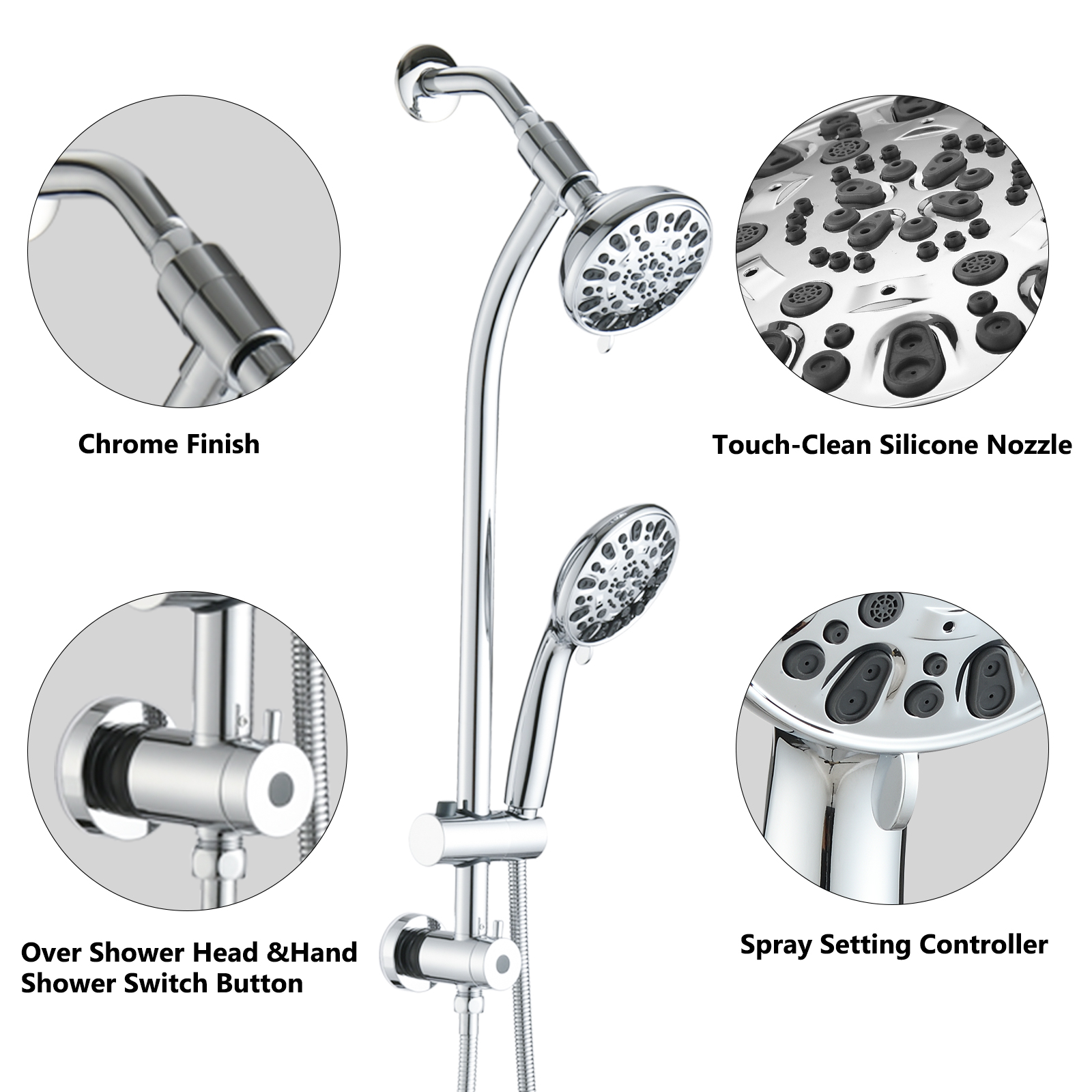 Drill-Free Stainless Steel Slide Bar Combo Rain Showerhead 7-Setting Hand, Dual Shower Head Spa System  Rough-in Valve Included