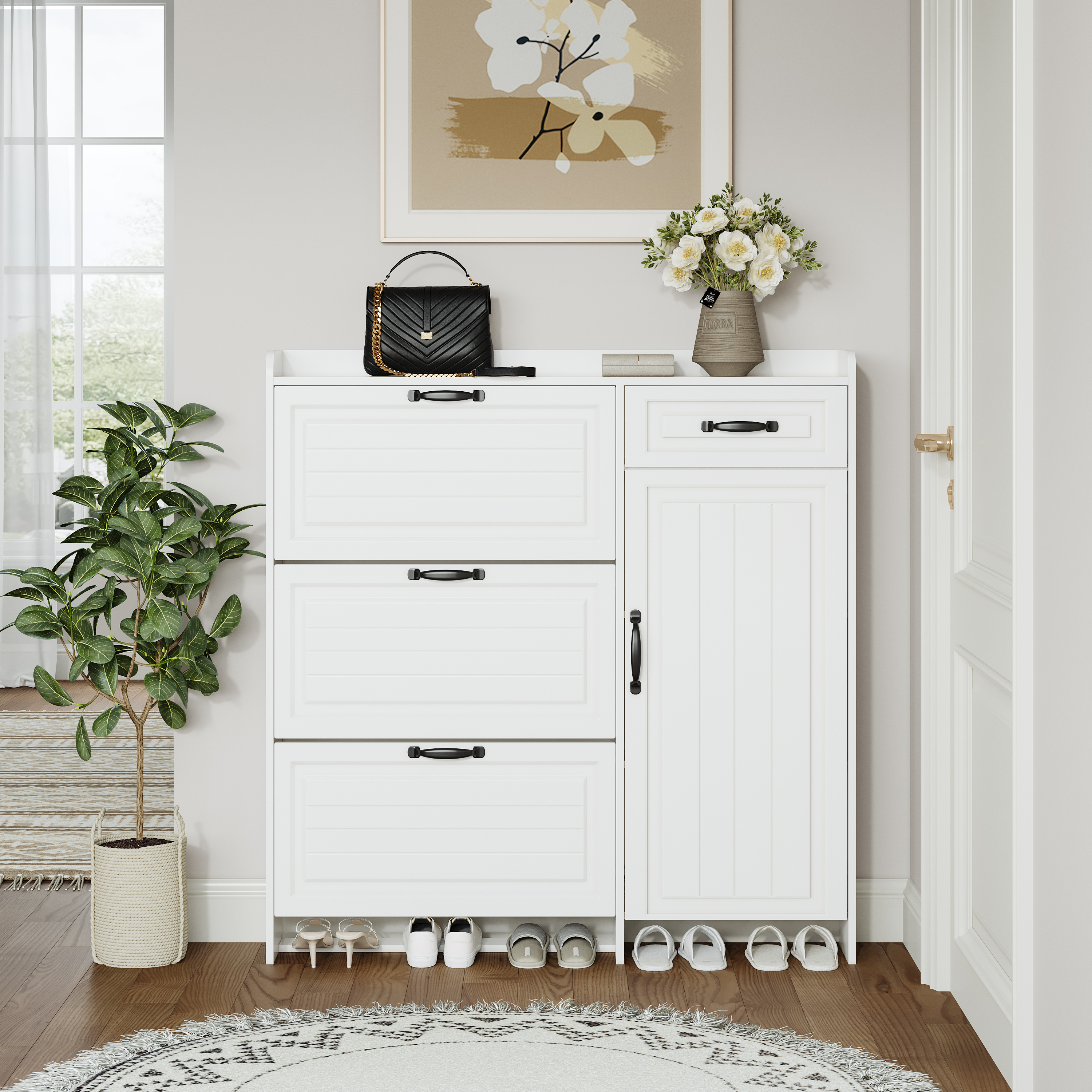 White Color Shoe Cabinet  With 4 Doors 1 Drawers,large Space For Storage