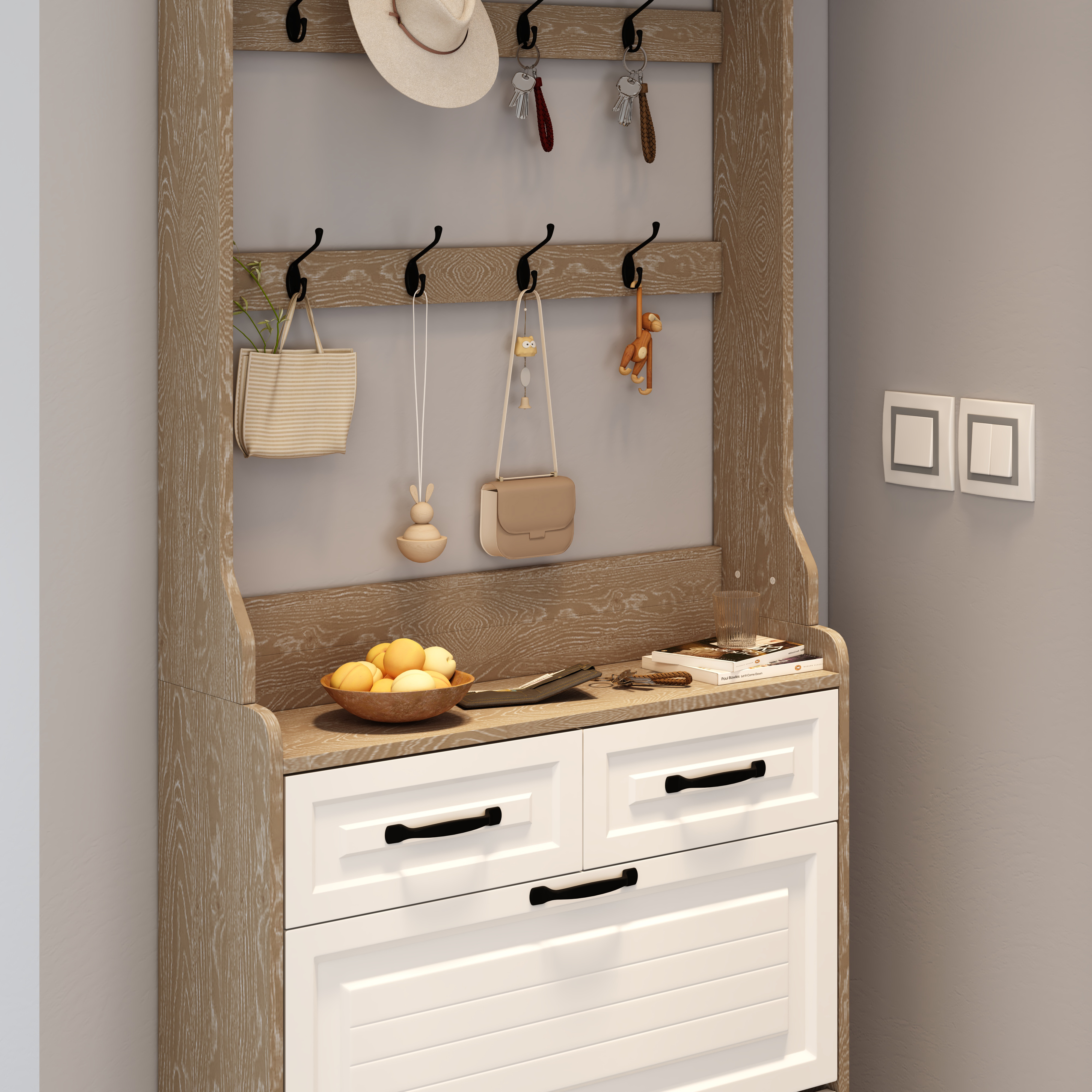 NEW OAK Color Shoe Cabinet  With 3 Doors 2 Drawers With Hanger,large Space For Storage