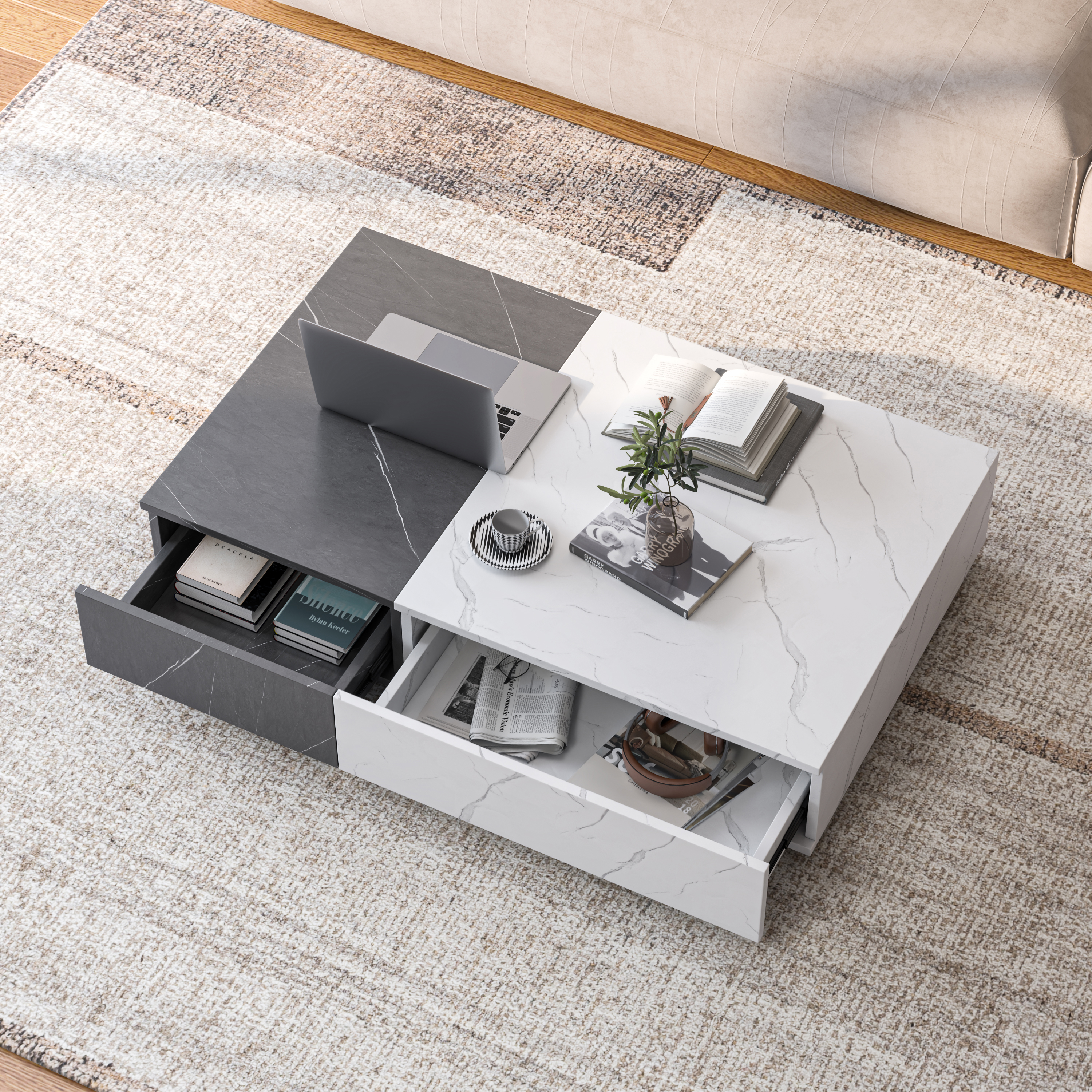 Modern Style Black And White Coffee Table With Two Storage Spaces