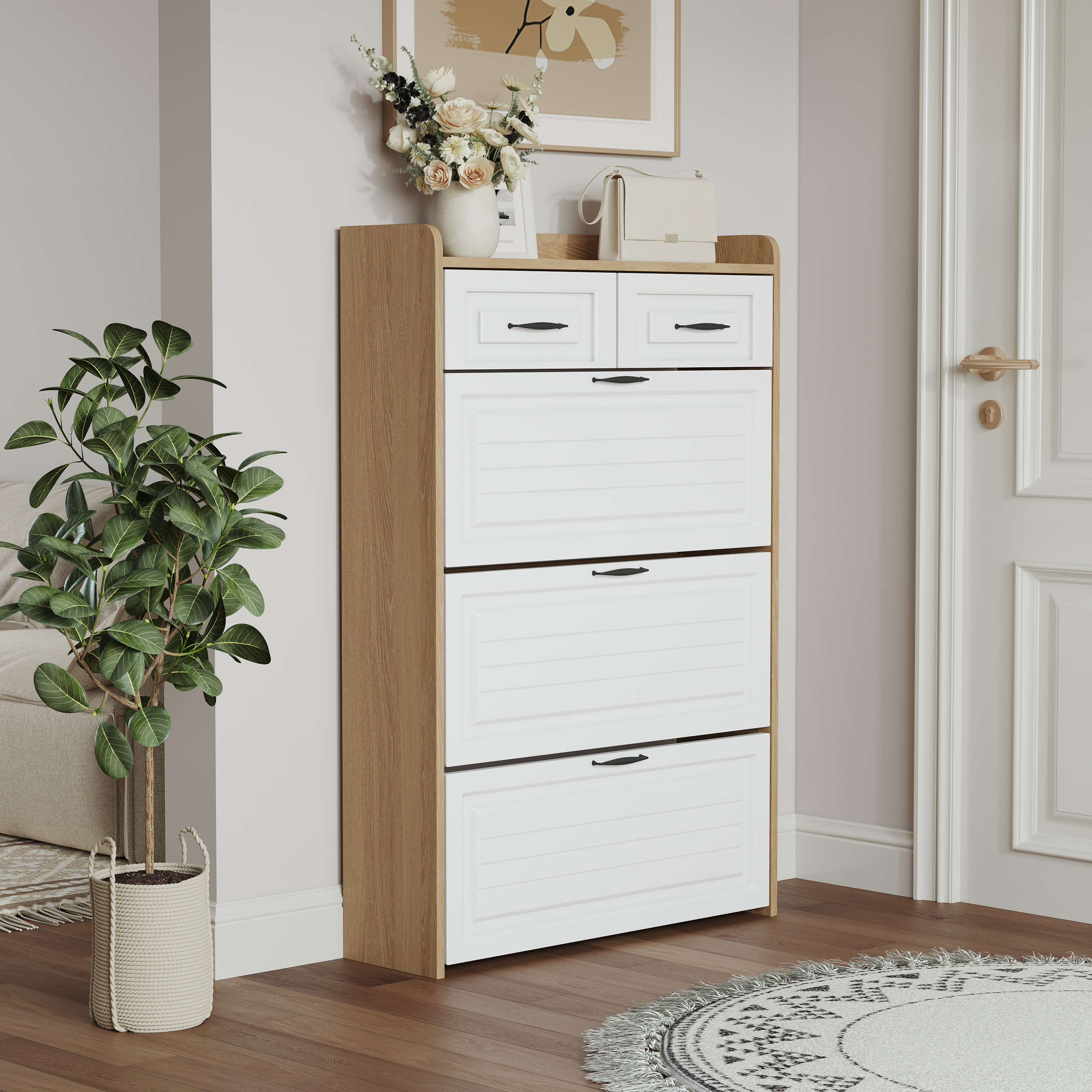 1250 White  Oak Color Shoe Cabinet  With 3 Doors 2 Drawers,large Space For Storage