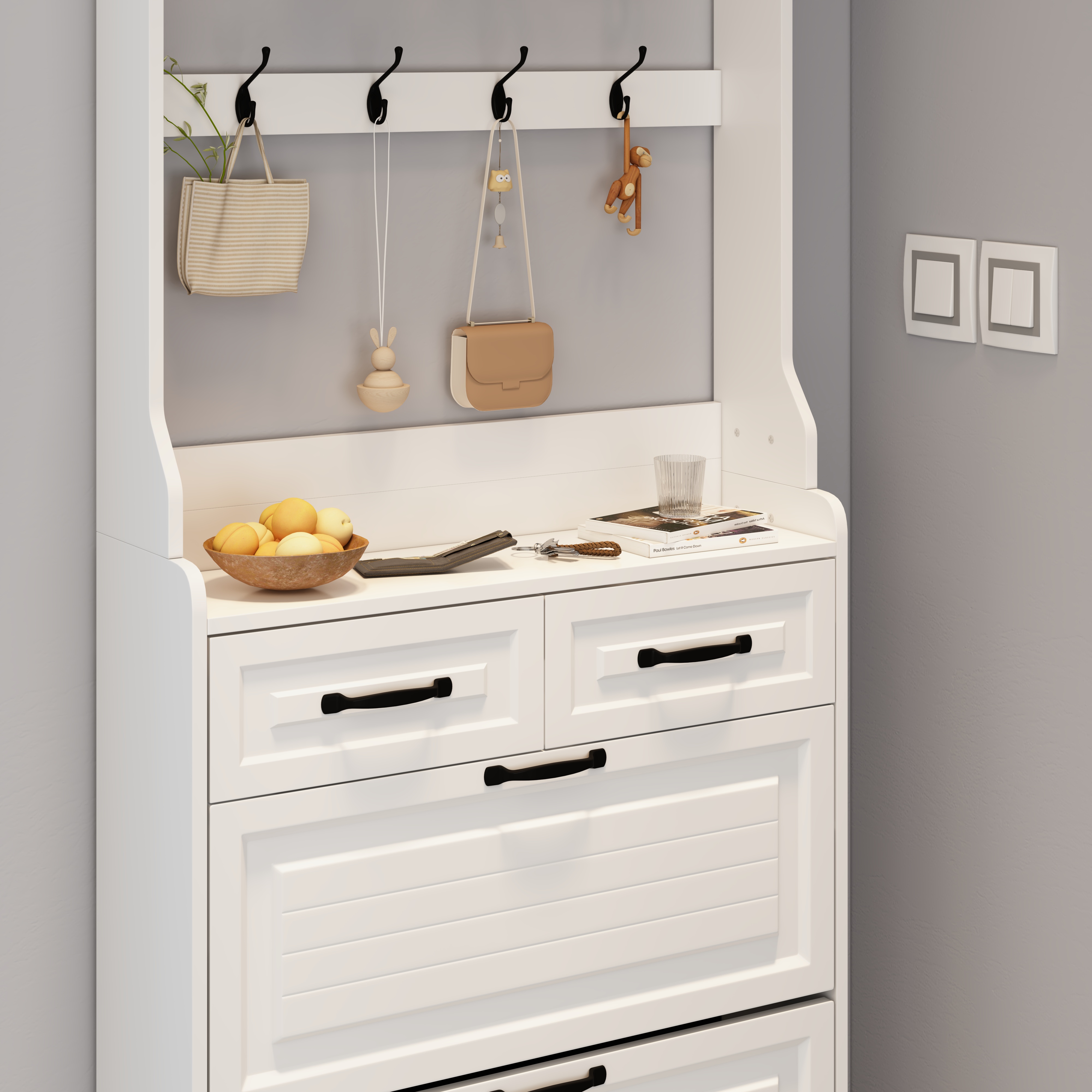NEW White Color Shoe Cabinet  With 3 Doors 2 Drawers With Hanger,large Space For Storage