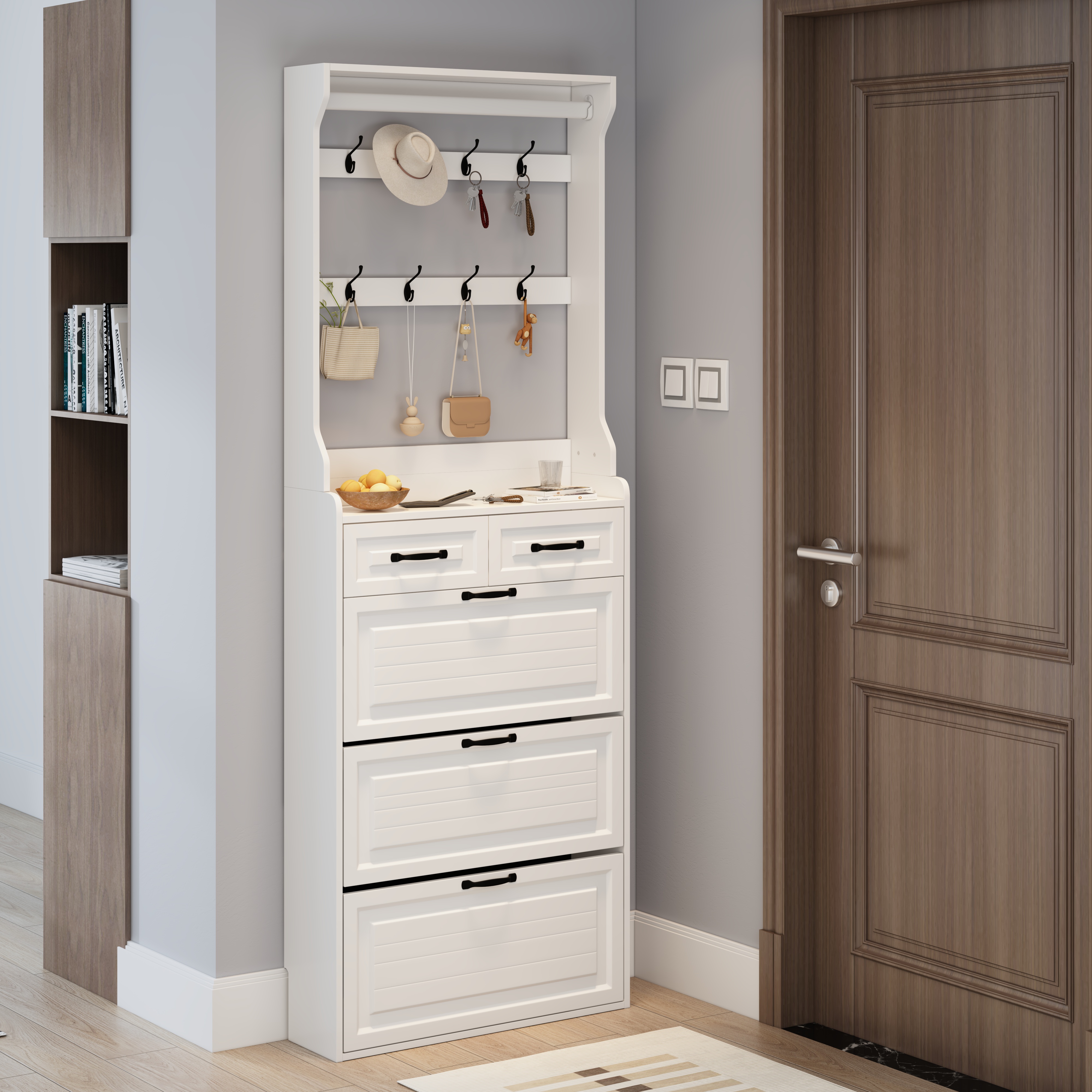 NEW White Color Shoe Cabinet  With 3 Doors 2 Drawers With Hanger,large Space For Storage