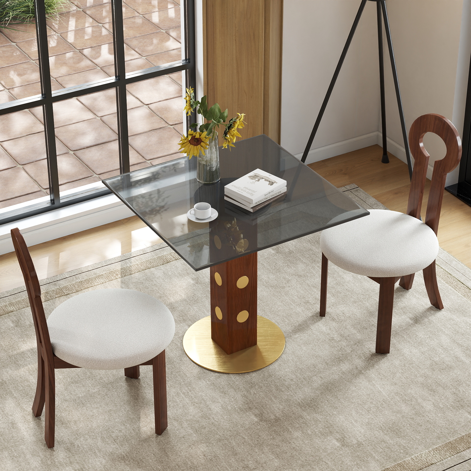 Modern Square Dining Table, 33.5  Tempered Glass Table With Wooden Leg & Gold Base, 2 - Person Kitchen Table For Small Space, 150lbs Weight Capacity Only The Negotiation Table
