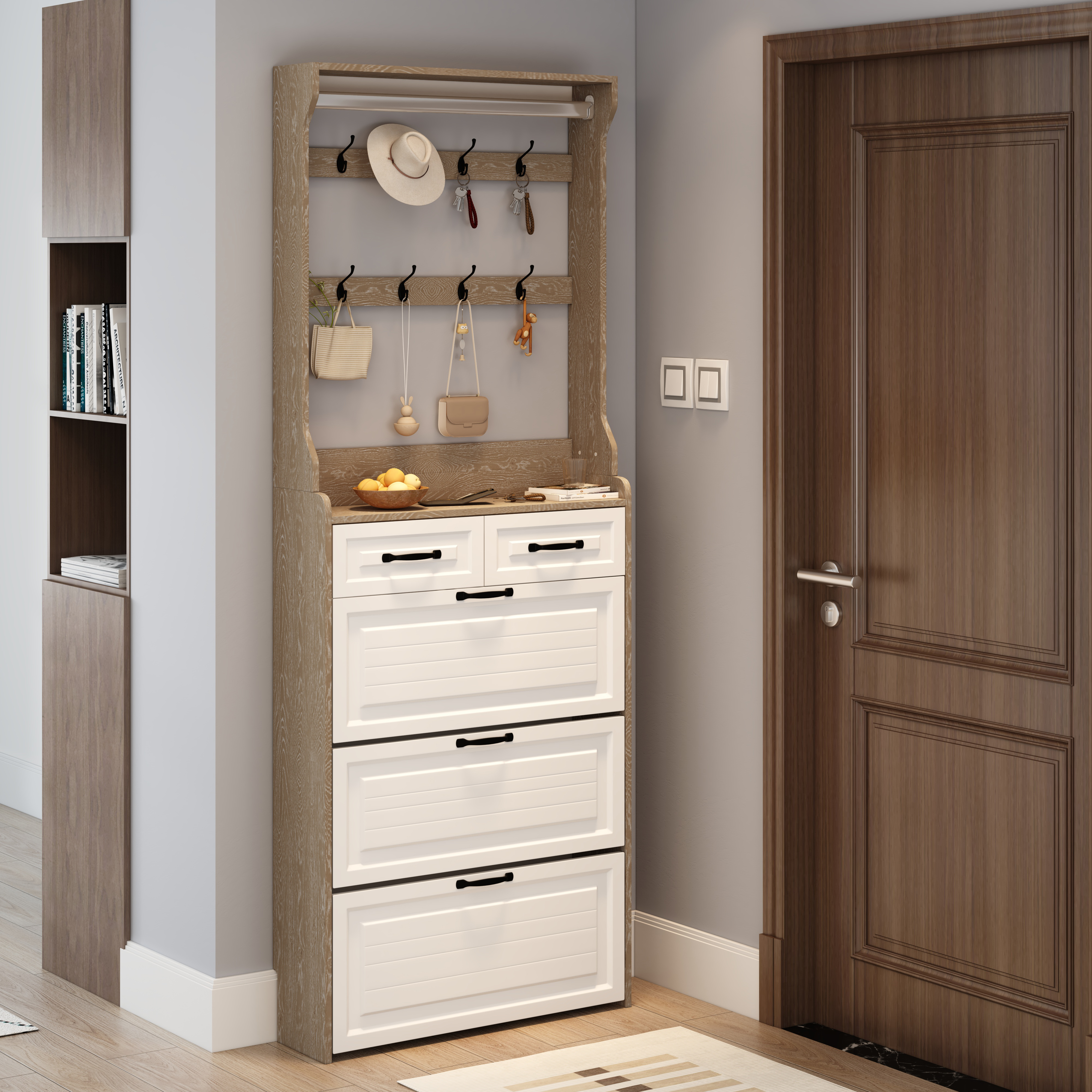 NEW OAK Color Shoe Cabinet  With 3 Doors 2 Drawers With Hanger,large Space For Storage