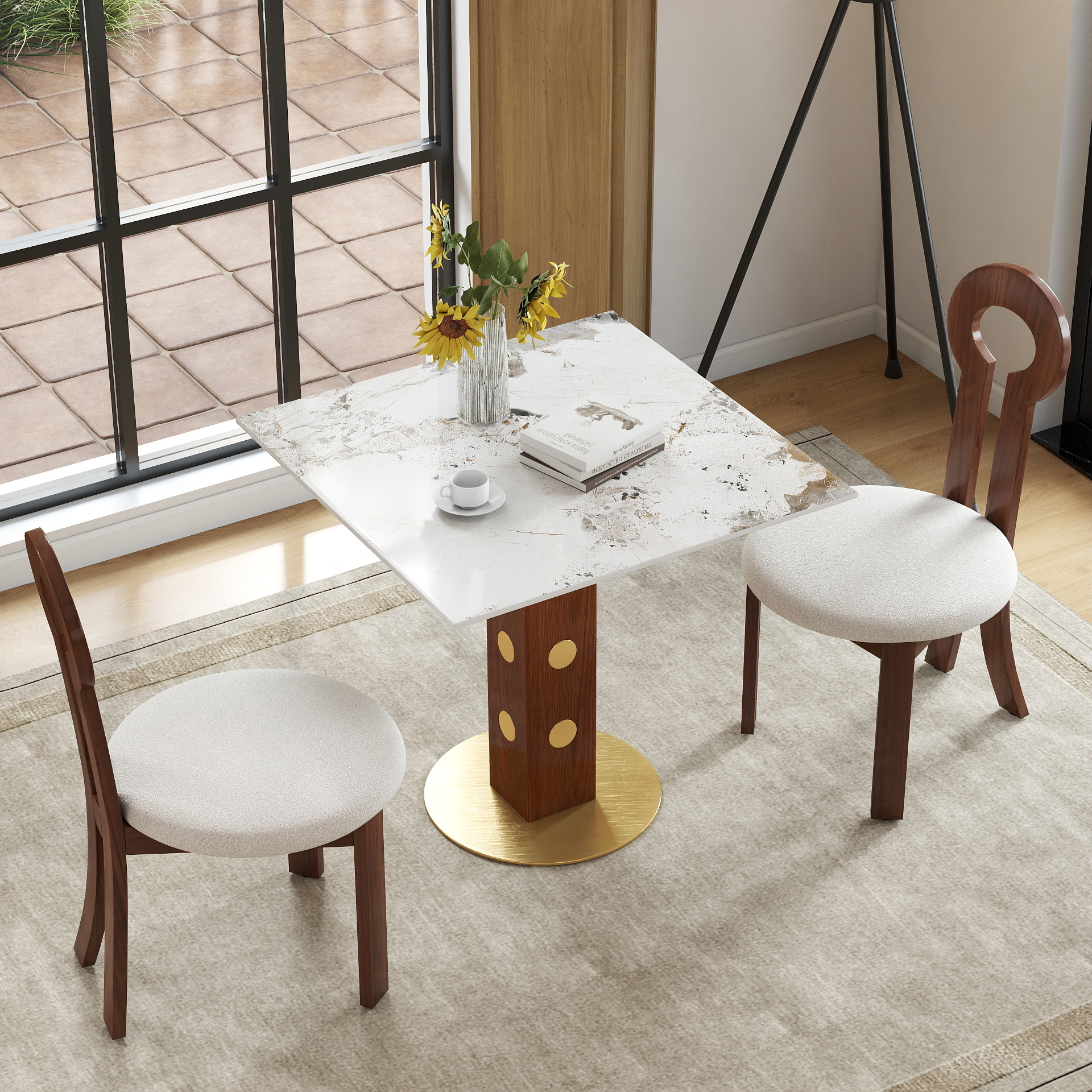 Modern Square Dining Table, 33.5  Sintered Stone Table With Wooden Leg & Gold Base, 2 - Person Kitchen Table For Small Space, 150lbs Weight Capacity Only The Negotiation Table