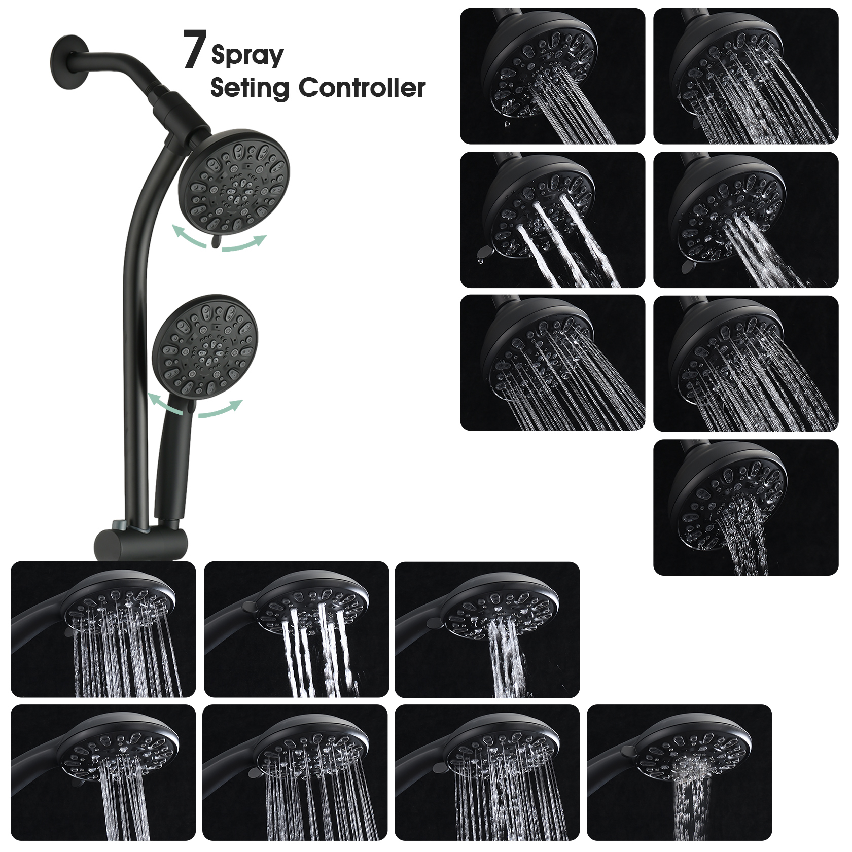 Drill-Free Stainless Steel Slide Bar Combo Rain Showerhead 7-Setting Hand, Dual Shower Head Spa System