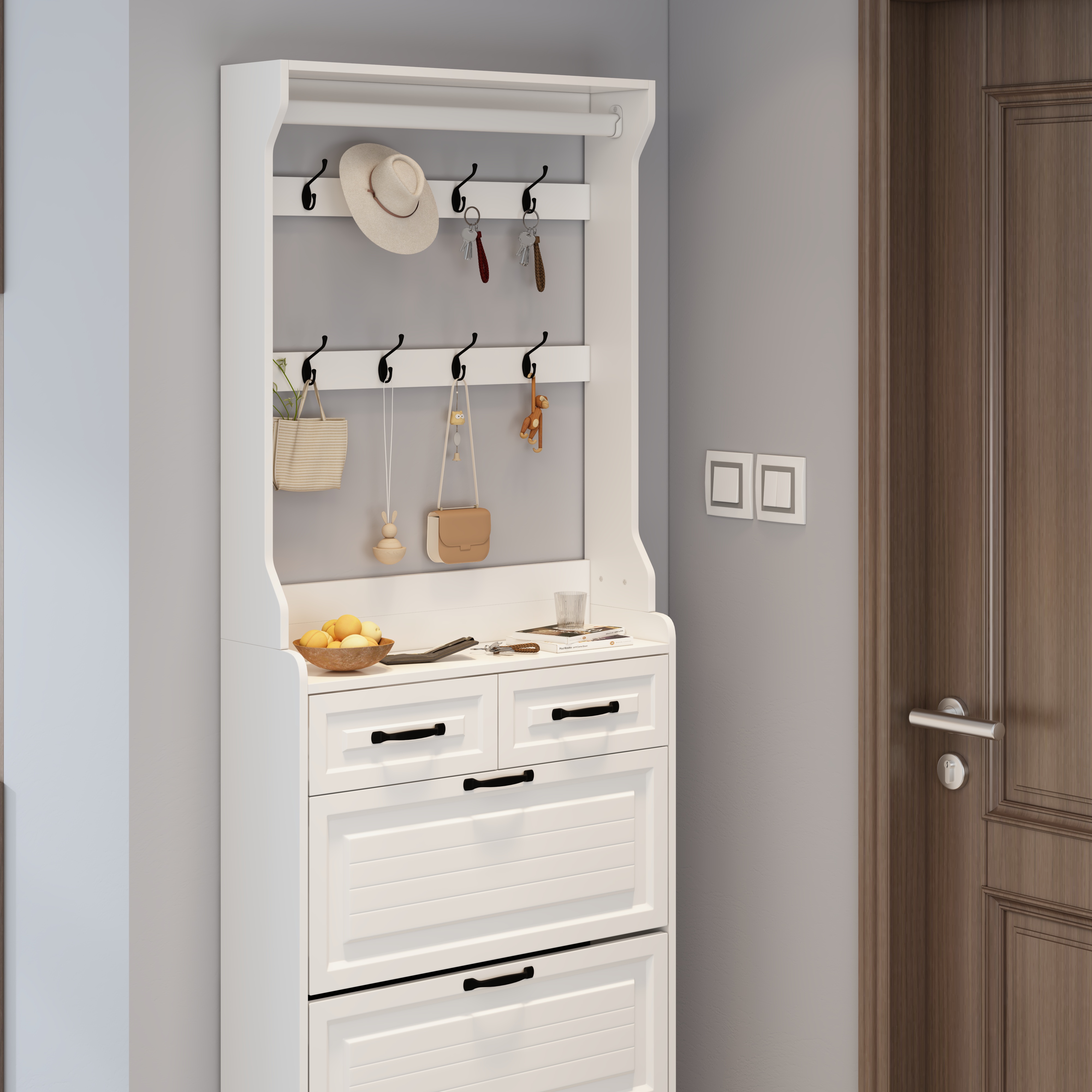 NEW White Color Shoe Cabinet  With 3 Doors 2 Drawers With Hanger,large Space For Storage