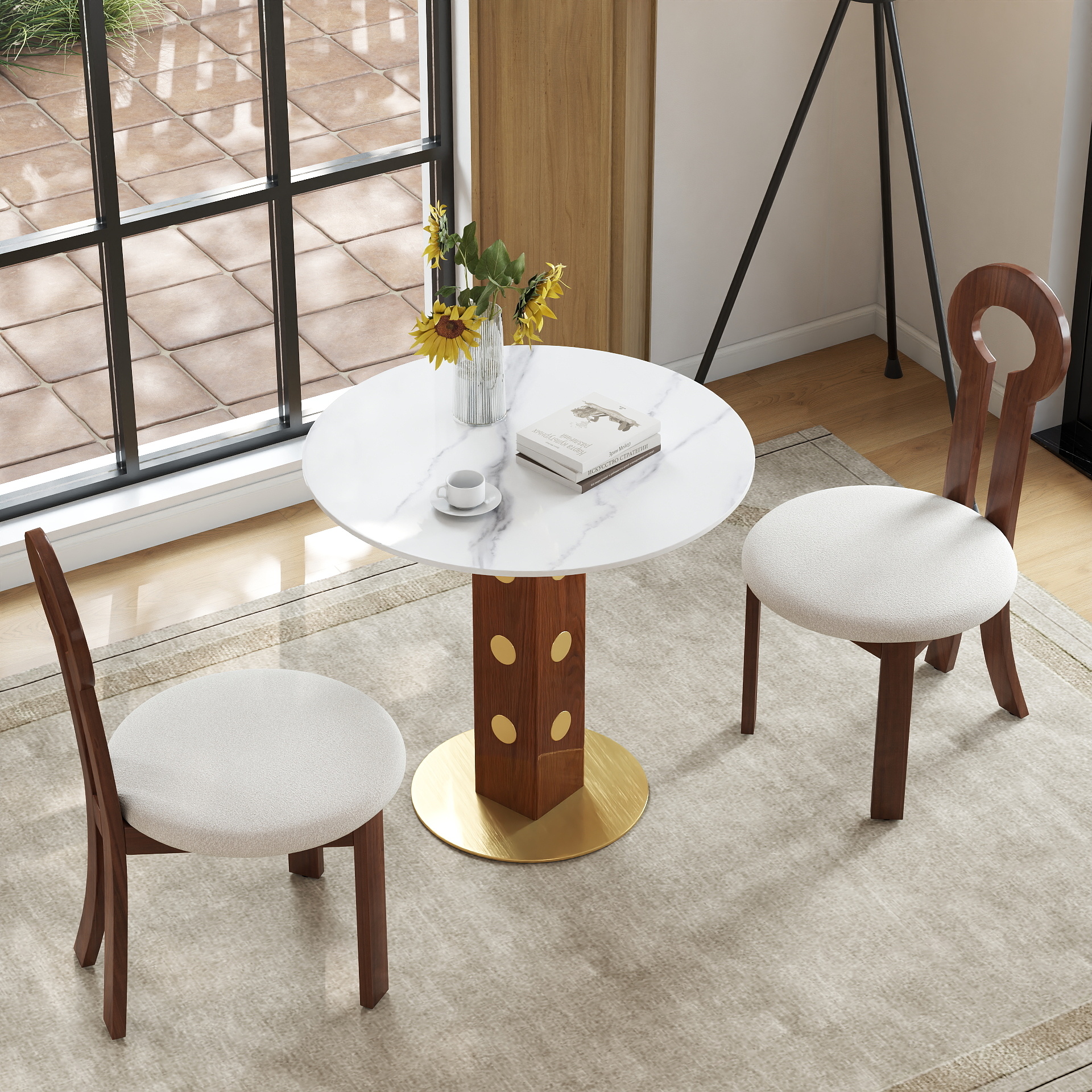 Modern Round Dining Table, 33.5  Sintered Stone Table With Wooden Leg & Gold Base, 2 - Person Kitchen Table For Small Space, 150lbs Weight Capacity Only The Negotiation Table