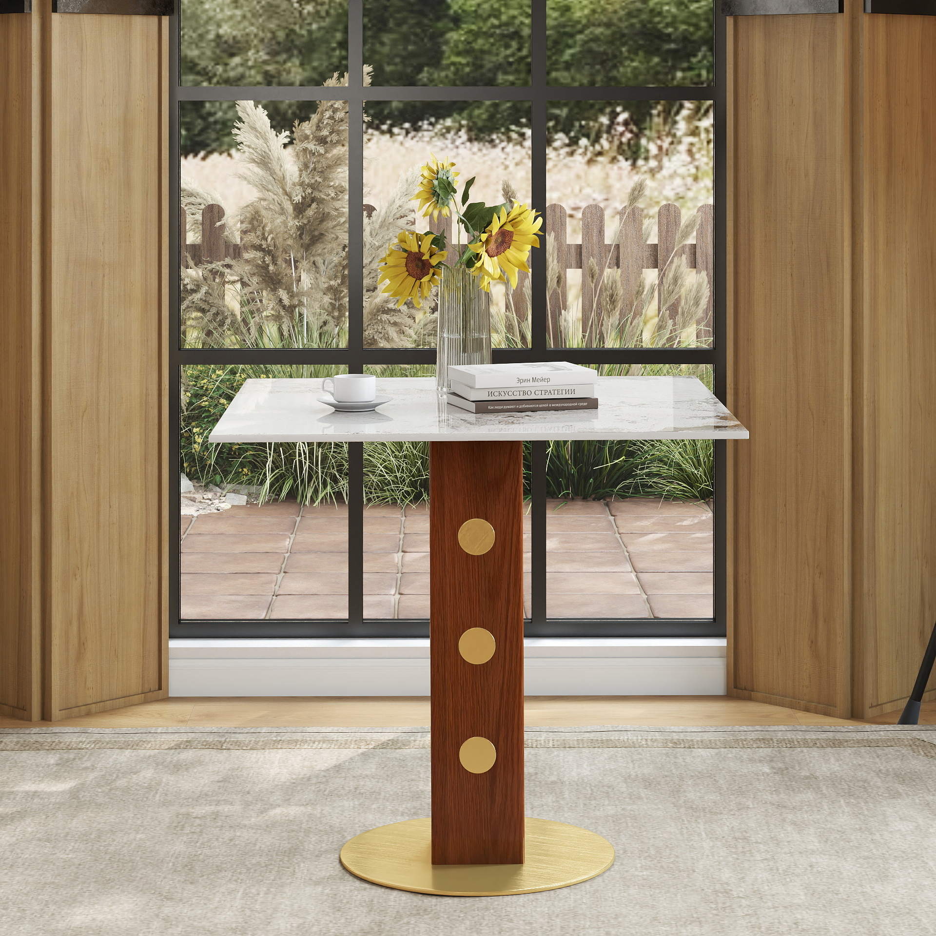Modern Square Dining Table, 33.5  Sintered Stone Table With Wooden Leg & Gold Base, 2 - Person Kitchen Table For Small Space, 150lbs Weight Capacity Only The Negotiation Table